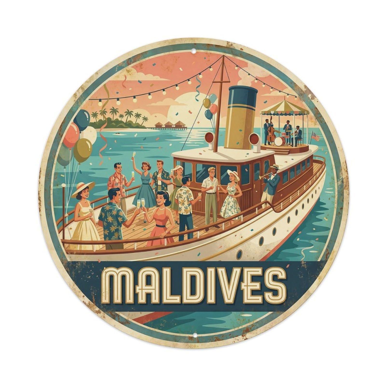 Este 8X8inch Style Maldives Yacht Beach Party Ocean Activity Surfing Metal Tin Sign