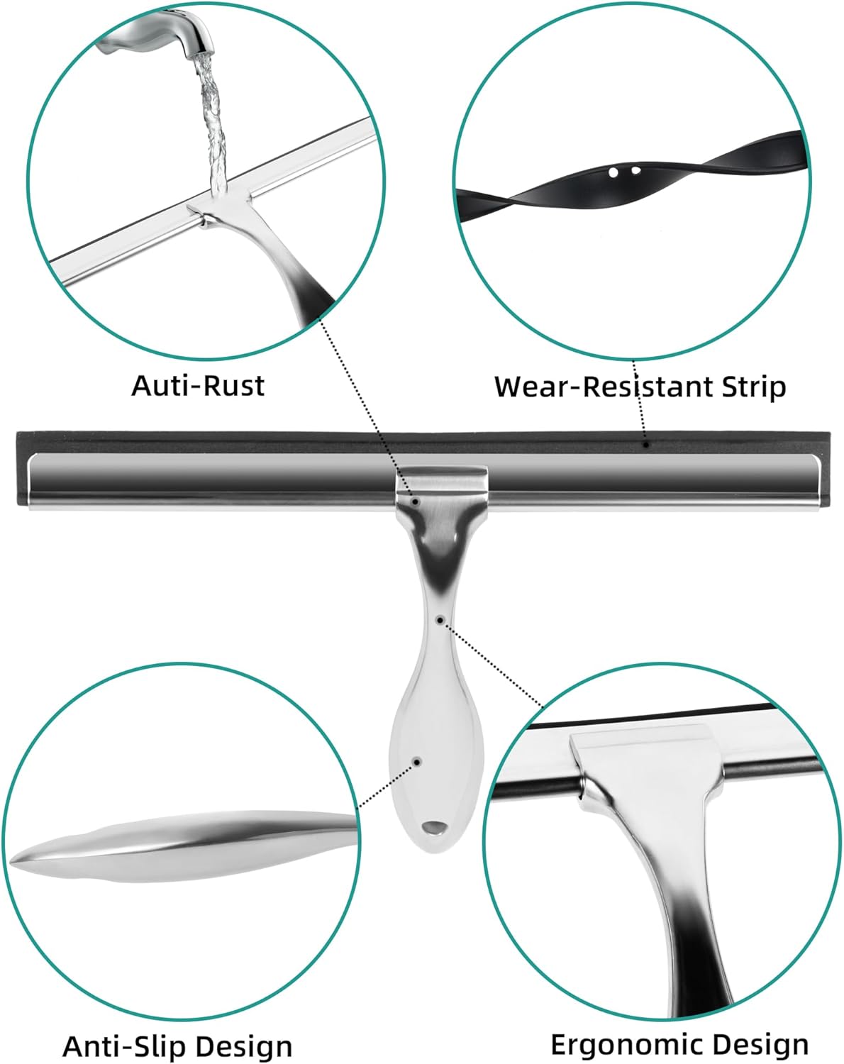 All-Purpose Stainless Steel Shower Squeegee Come with S Hook, 2 Square Sticky Hook 2 Rubber Strips Shower Squeegee for Glass Doors, Windows, Mirrors, Tiles and Car Glass -14 Inches Silver