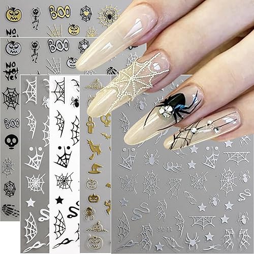 9 hojas de calcomanías de telaraña para uñas, calcomanías holográficas 3D de calavera de calabaza de Halloween para arte de uñas, diseño de dibujos