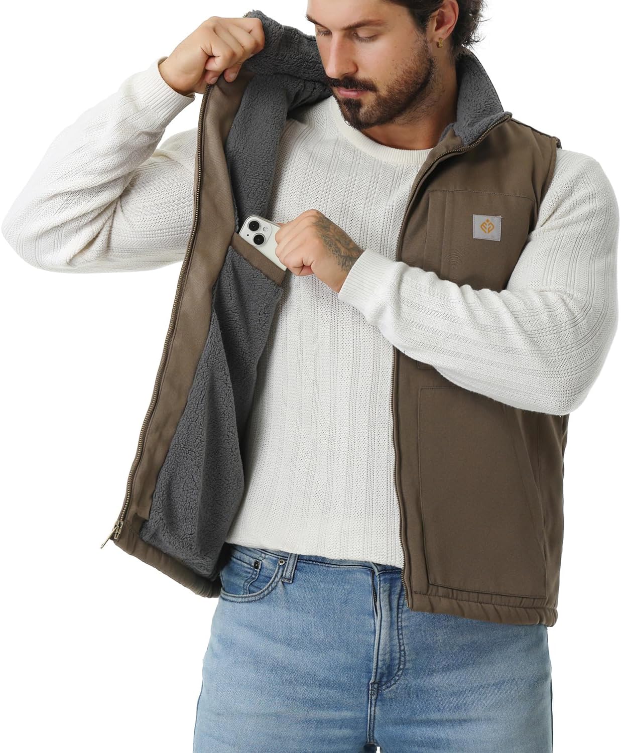 Men's Loose Fit Washed Duck Fleece-Lined Waterproof Workwear Mock-Neck Vest - Image 3