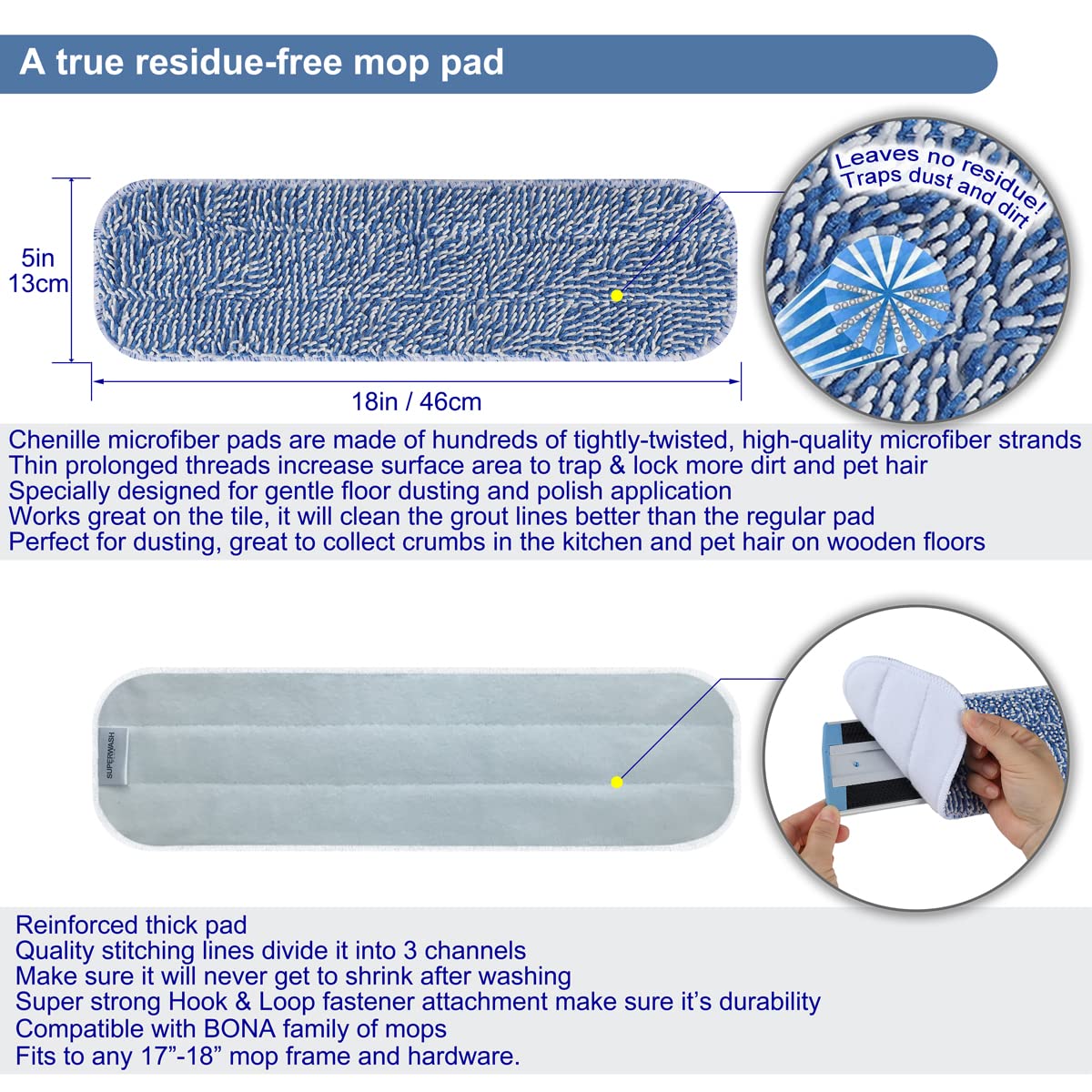 Replacement Microfiber Floor Cleaning Pads - 18''x5'' Dust Mop Refill Sweeping Pad Compatible with Bona Mop, Reusable Dry Mop Head Fits 17” to 18” Flat Mop - 4 Pack