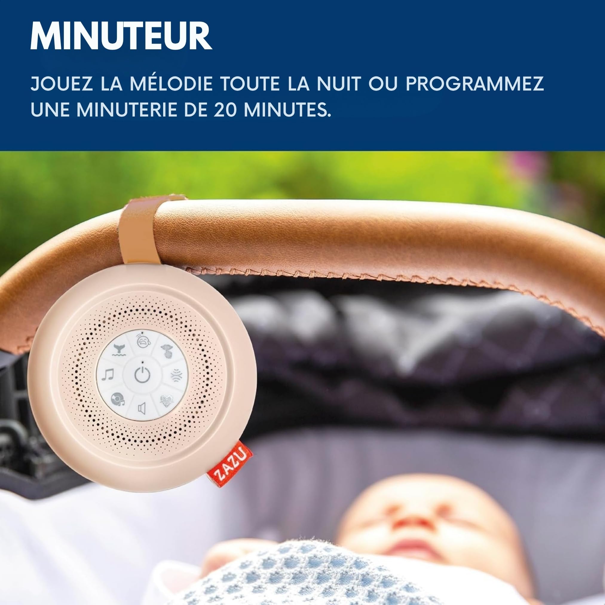 ZAZU Suzy Deluxe – Machine à Bruit Blanc Bébé Rechargeable | 14 Sons Apaisants | Capteur de Pleurs | Minuteur 20 Min | USB-C | Portable | Autonomie 100h