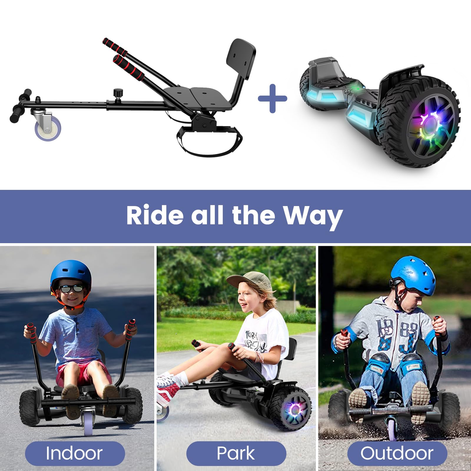 Hoverboard mit Sitzbefestigung, 8.5Zoll Self Balancing Scooters Go Kart mit Bluetooth und LED Lichtern, Gun+Black