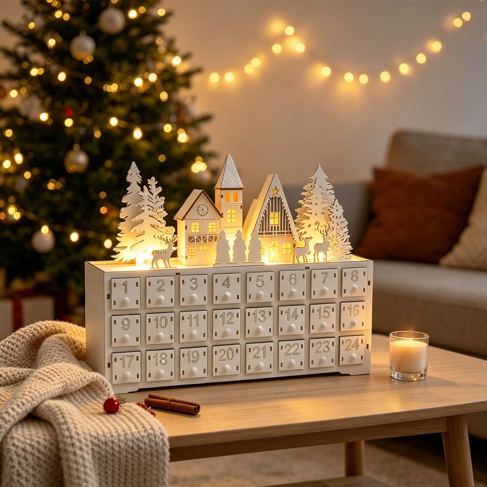 Eingangstisch, Weihnachtsdekoration, Weihnachts Adventskalender aus Holz mit 24 Schubladen, freistehendes Dorf Countdown Aufbewahrungsstück für kleine Überraschungen, Adventsschubladen Dekoration,