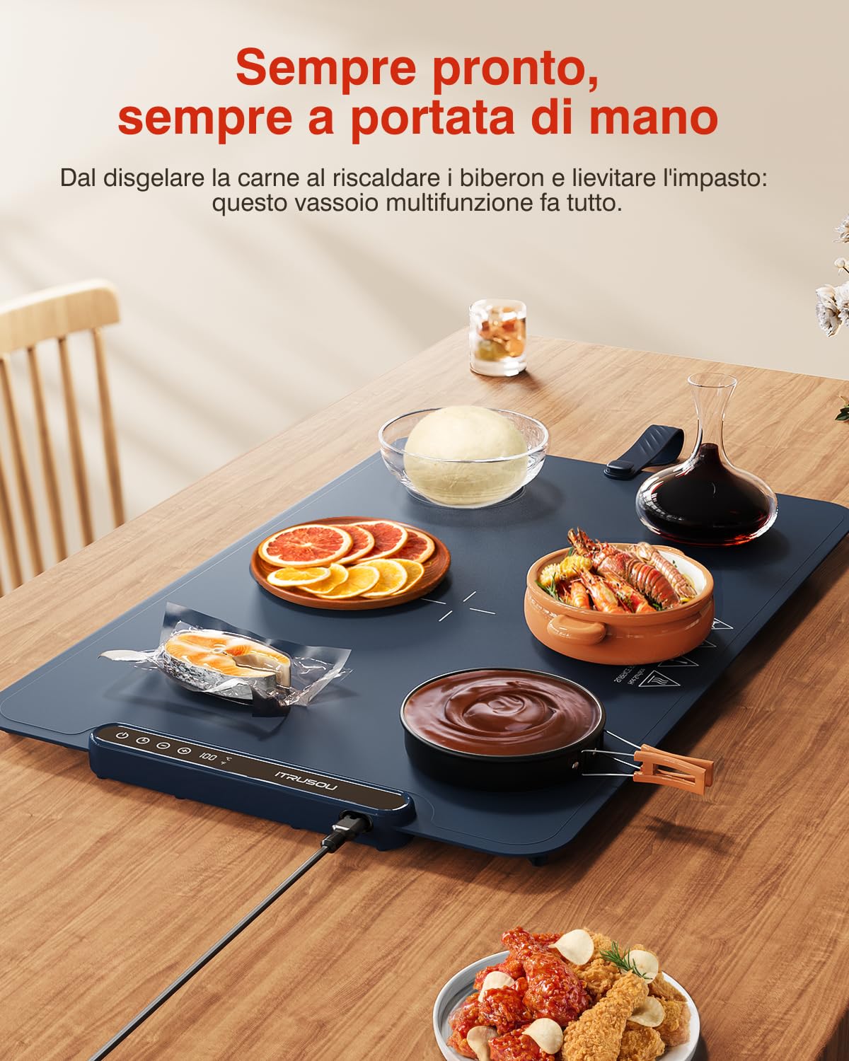 Scaldavivande, vassoio riscaldante, arrotolabile e portatile,Nano-materiale in silicone premium, Piastra Riscaldante per Alimenti iTRUSOU, Tappetino Elettrico con Timer 1-99H, 7 Temperature