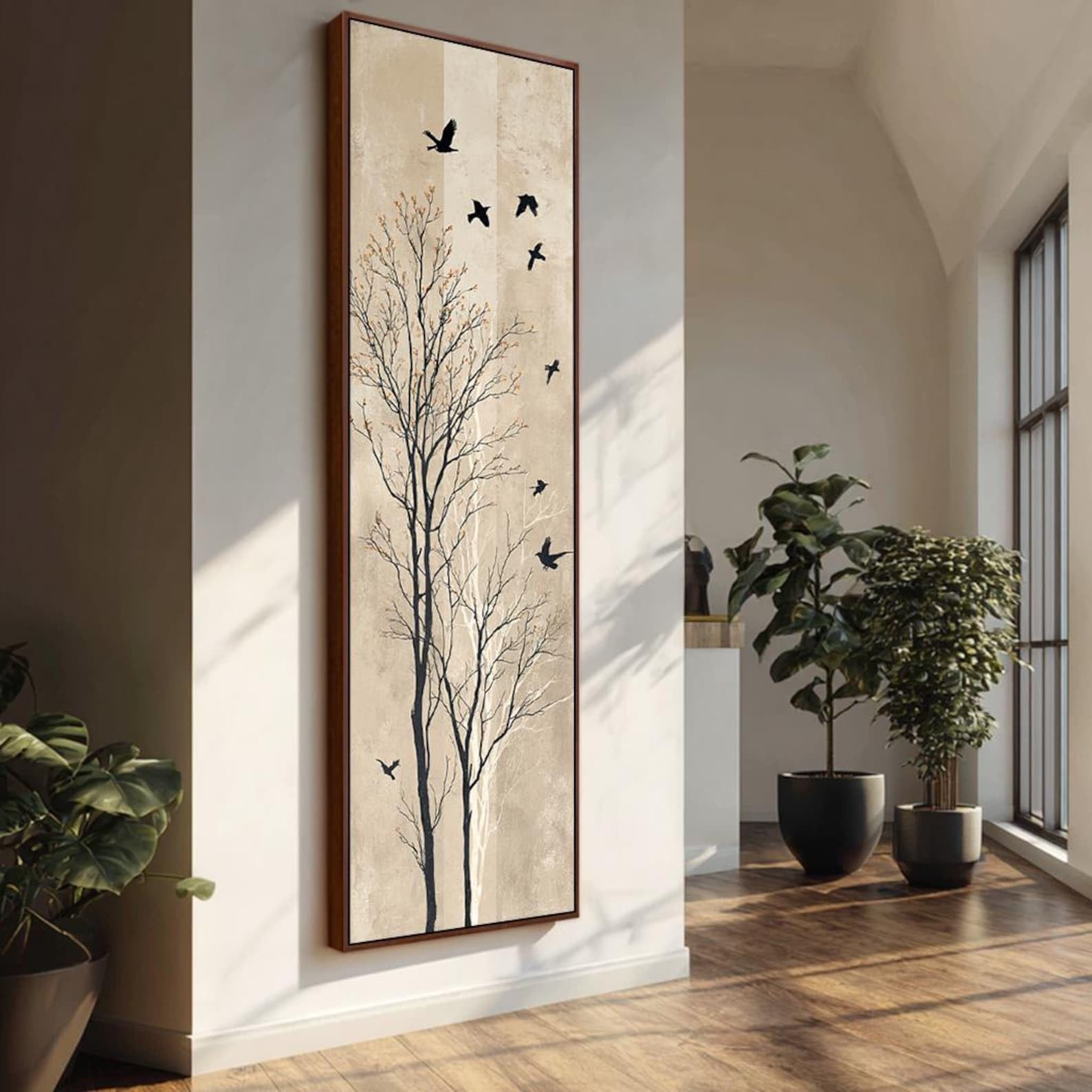 XINBAO Abstract Bird Tree Canvas, Tall Vertical Painting, Modern Animals Canvas Wall Art，Horizontal Painting，Decor Canvas(35x105cm/Frameless)