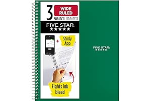 Mead Five Star Spiral Notebook with Study App, 3 Subject, Wide Ruled,...