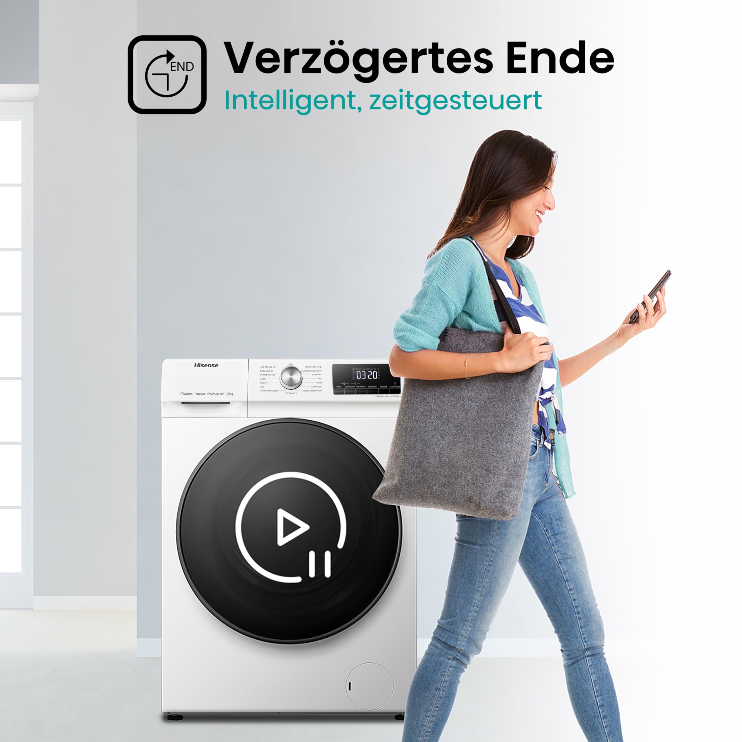 Hisense WFQA1014EVJM Waschmaschine mit Dampffunktion/10 kg/AquaStop /1400 U/min /15 Programme/Inverter PowerDrive Motor/Edelstahltrommel/Kindersicherung/Trommelreinigung/Weiß