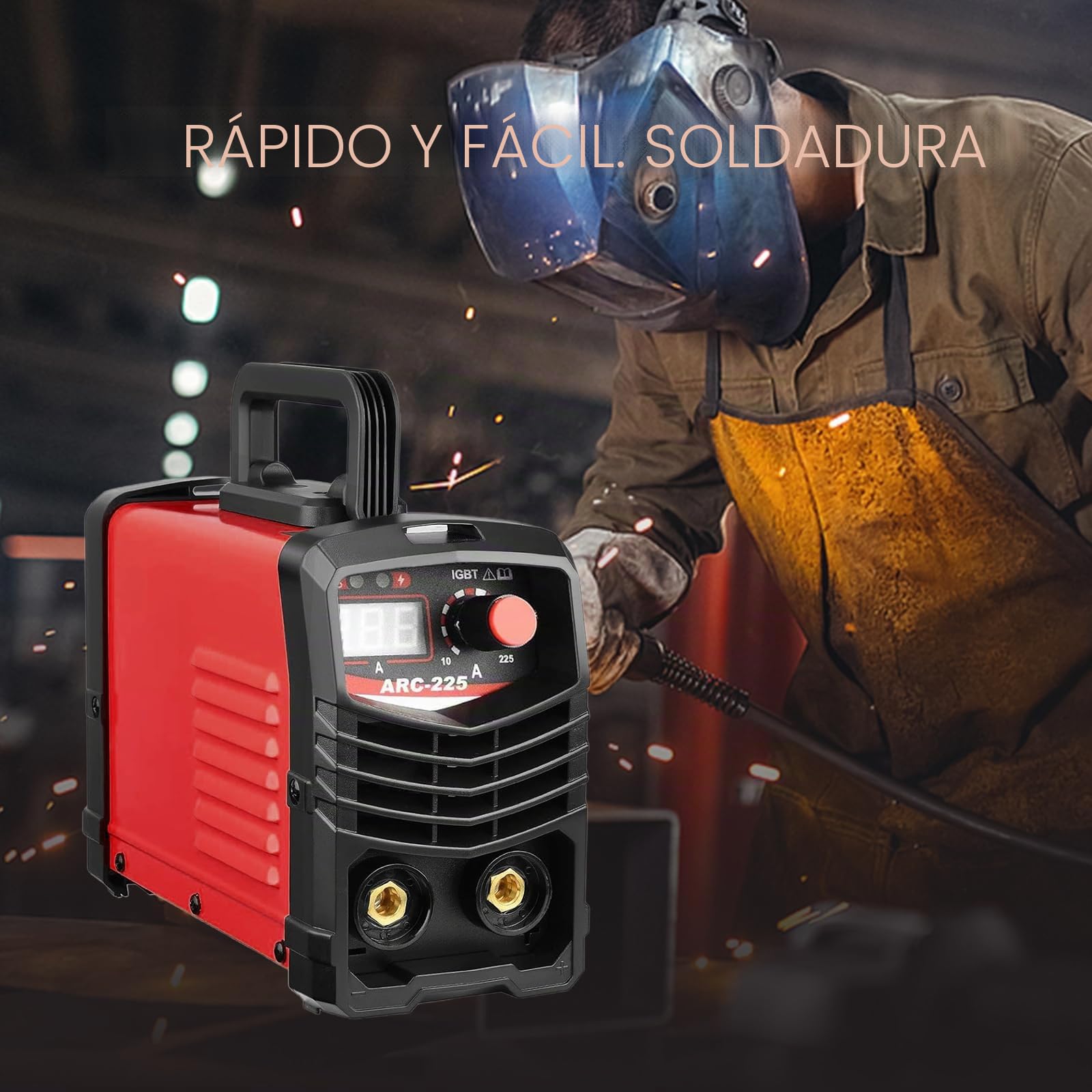 Soldador Inverter ARC-225 Portátil, Máquina de Soldar Electrodo con Pantalla Digital, Tecnología IGBT 220V, Kit Completo con Accesorios para Bricolaje, Talleres y Reparaciones