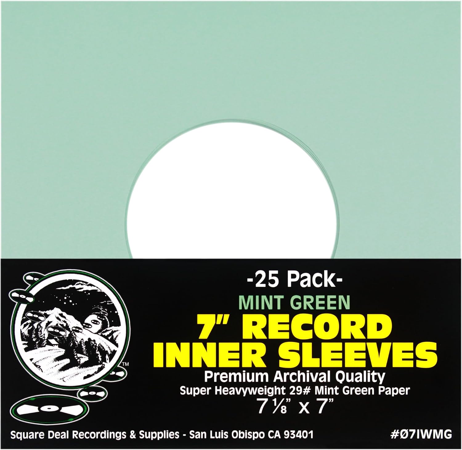 (25) 7" Vinyl Record Inner Sleeves with Hole - Mint Green - Archival Quality - 07IWMG