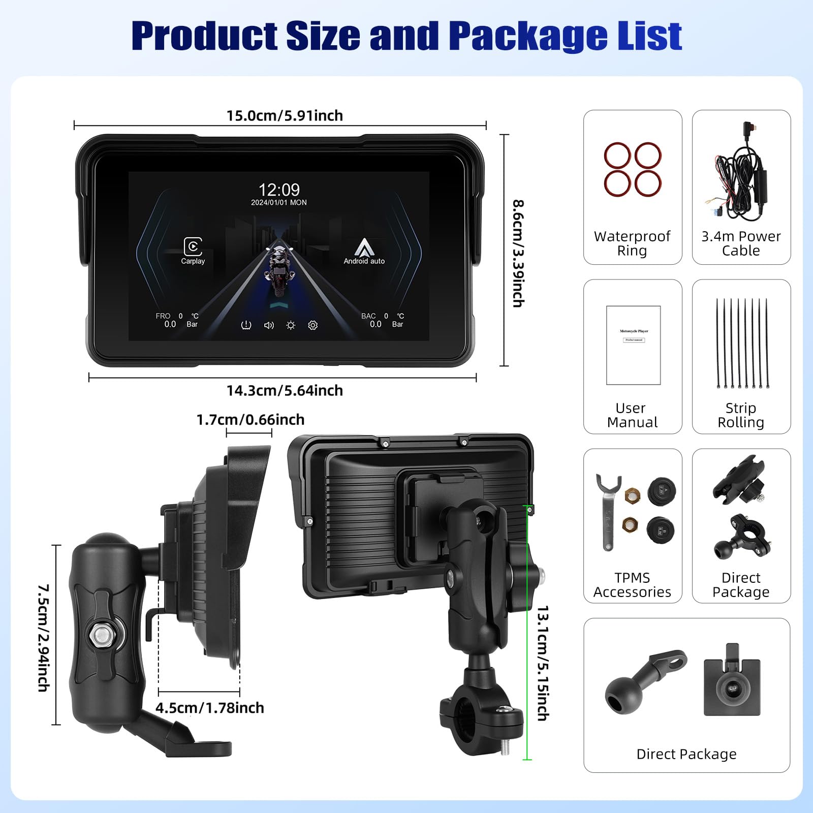 OiLiehu Motorrad GPS Wireless Portable CarPlay und Android Auto, 5 Zoll wasserdichtes Motorrad-Display mit Helligkeitseinstellung, Reifendruckerkennung, abnehmbarer Ständer, Plug and Play