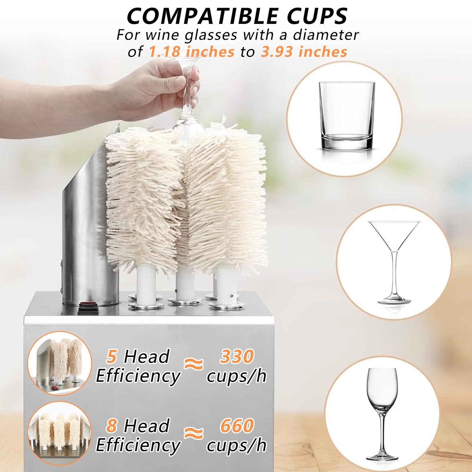 Polisseuse de verre professionnelle - Équipement de polissage électrique pour restaurants et bars - Idéal pour les magasins de dessert - 8 têtes pour un nettoyage efficace de la verrerie