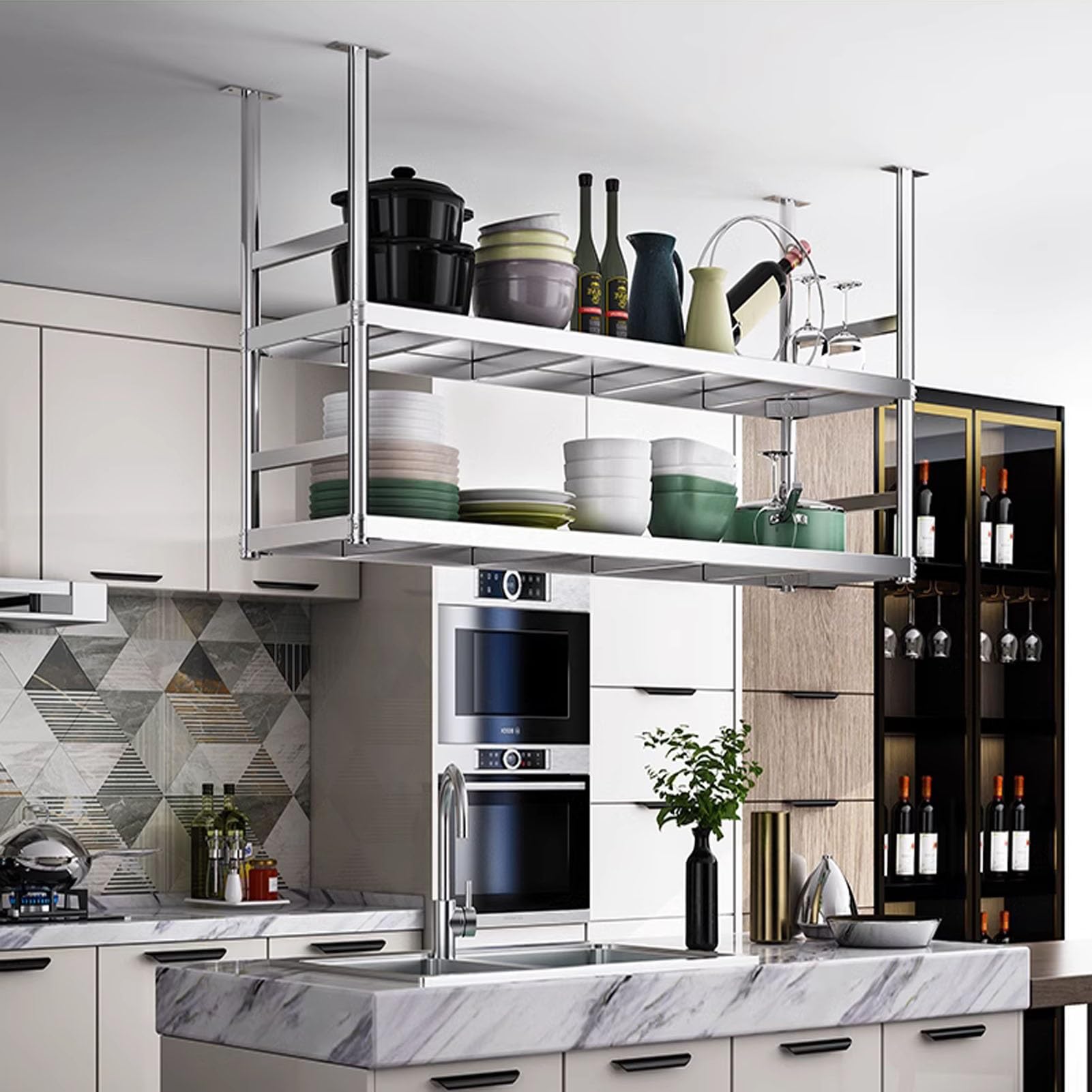 Stainless Steel Ceiling Mounted Hanging Wine Rack with Pot Pan Rack Floating Shelves for Kitchen and Bar Wall Decorative Storage Shelving for Living Room Plant Shelf and Flower Pot Stand (60x35x80cm)