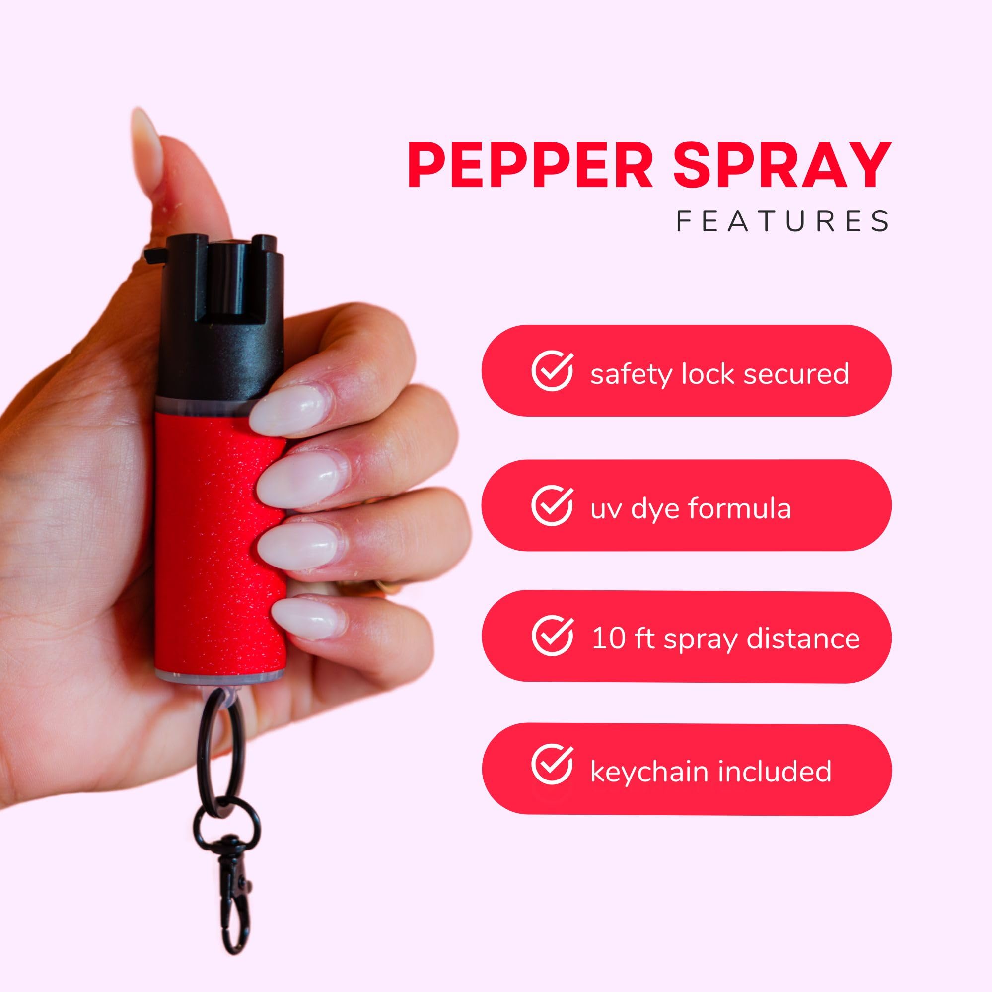Safely Pepper Spray for Women – Keychain Self-Defense Spray, Max Strength Formula with UV Dye, Safety Lock, Portable & Long Lasting with Glow Variant - Pretty in Pink