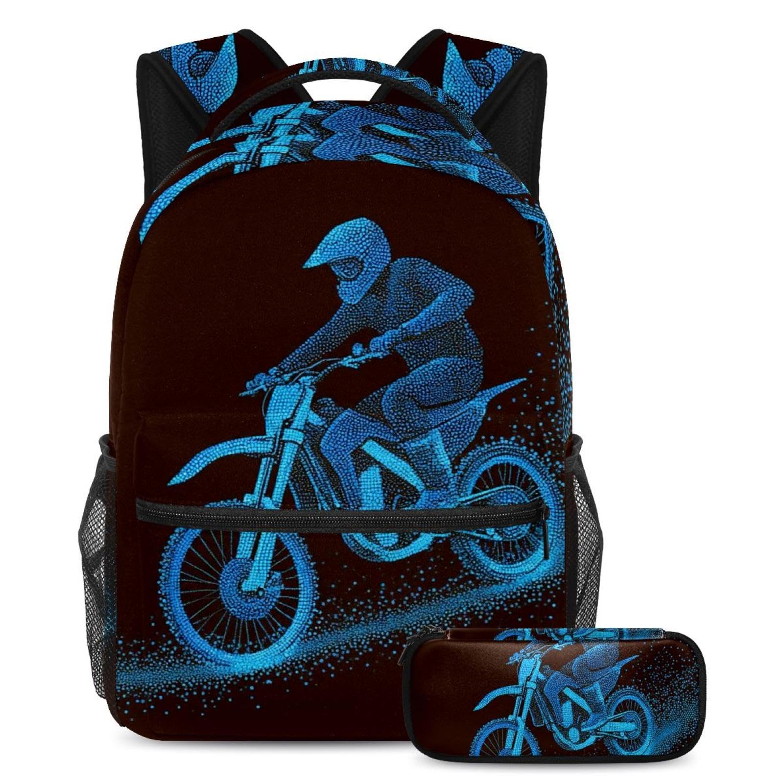 Luoweisi Unisex Multicolor 16 Dirt Bike School Backpack And Pencil Case Set For Teens Girls Boys Lightweight Bookbag Travel Rucksack