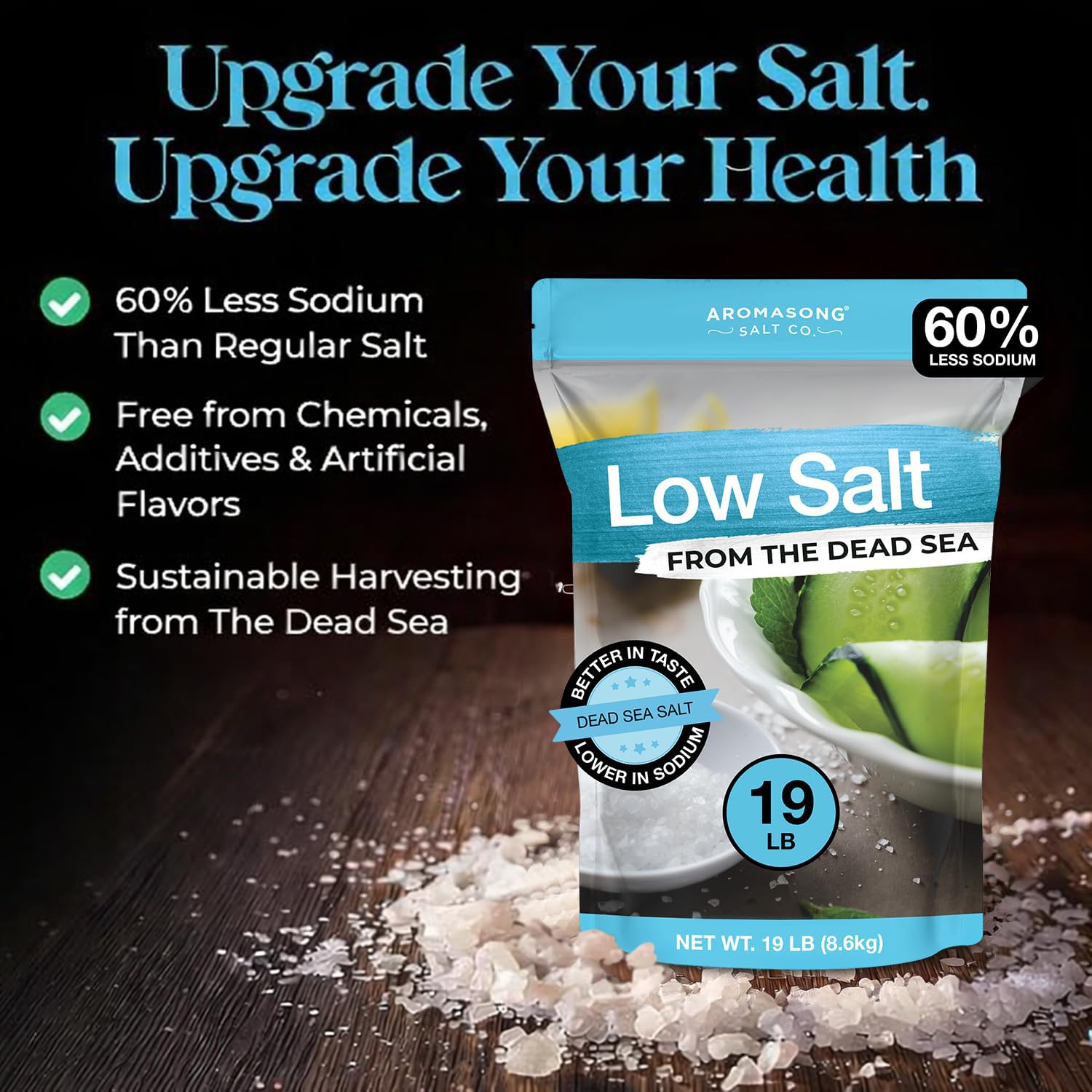 Aromasong Low Sodium Sea Salt - 100% Natural - 60% Less Sodium - Bulk 19 Lb Bag - Fine Grain Dead Sea Potassium Chloride with Dead Sea Salt - Used As Table Salt Substitute For Low Sodium Diet