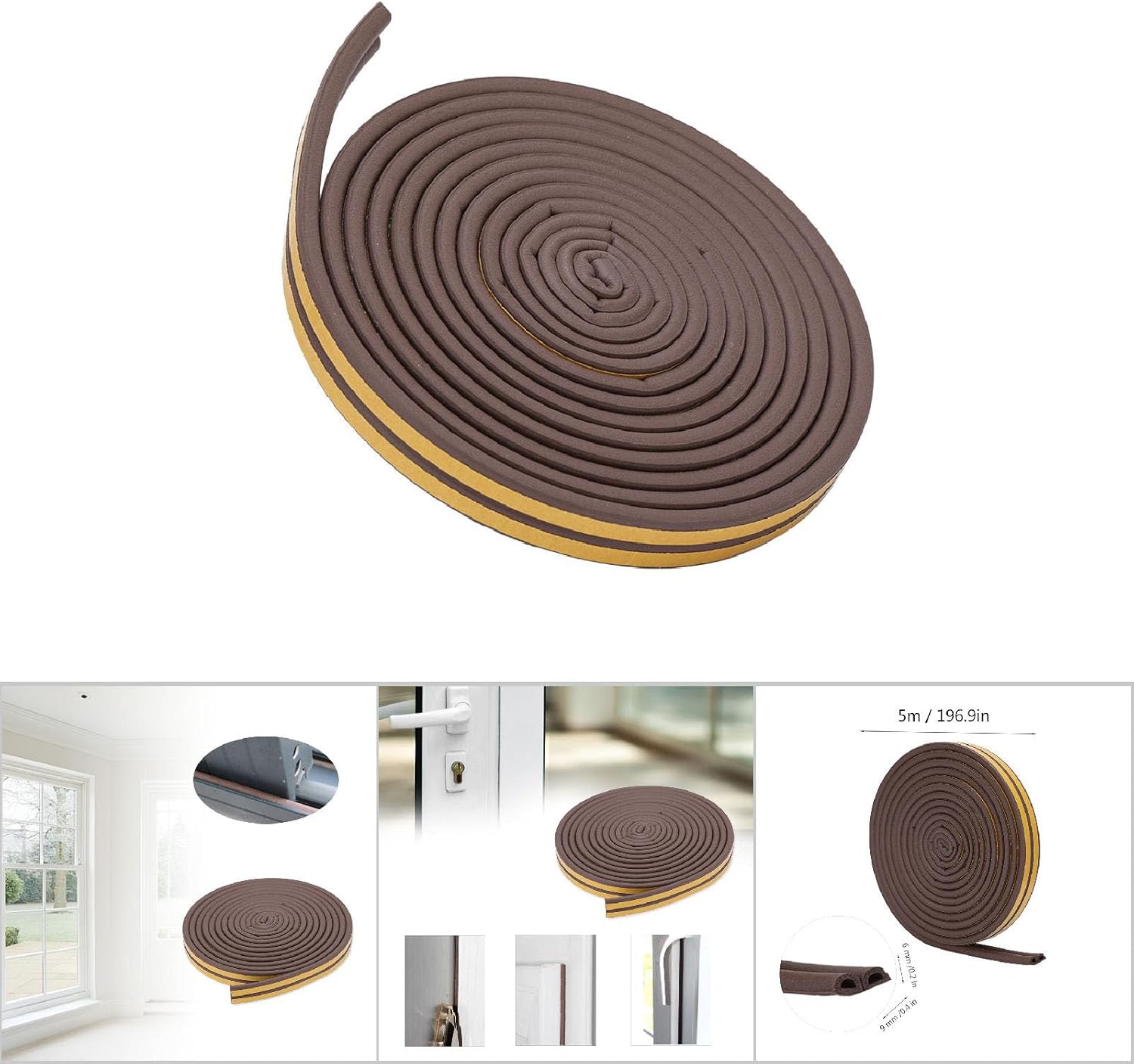 Self Adhesive Rubber Seal for Door Window Sound Insulation Strip, Foam Sealing Strip, Door Weatherproofing Stripping for a Quiet Living Environment, for Home Office Garage (Brown)