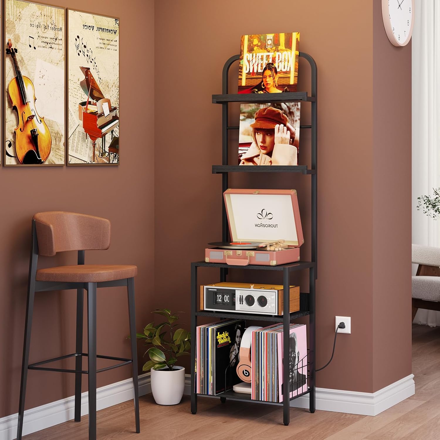 Homsorout Record Player Stand with Vinyl Storage - 5-Tier Turntable Table with Power Outlet, Adjustable Feet, Metal & Wood Cabinet - Console Organizer Display Shelf for Living Room, Apartment Black With Socket