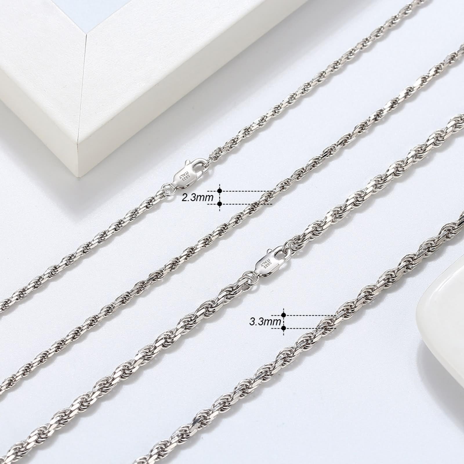 Collar único de plata de ley para mujer, collar de cadena para mujer, cadena de cuerda de 3,3 mm, adecuado para bodas, aniversarios y vacaciones