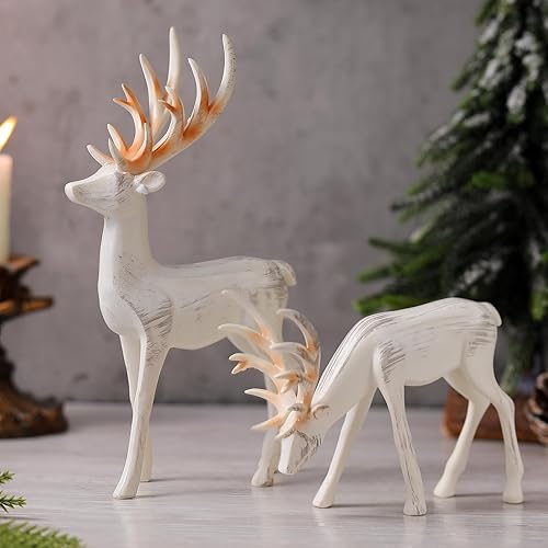 Yookeer 2 piezas de figuras retro de reno de Navidad pequeñas de resina de pie con arco de ciervo, mini decoración de mesa de ciervo de Navidad