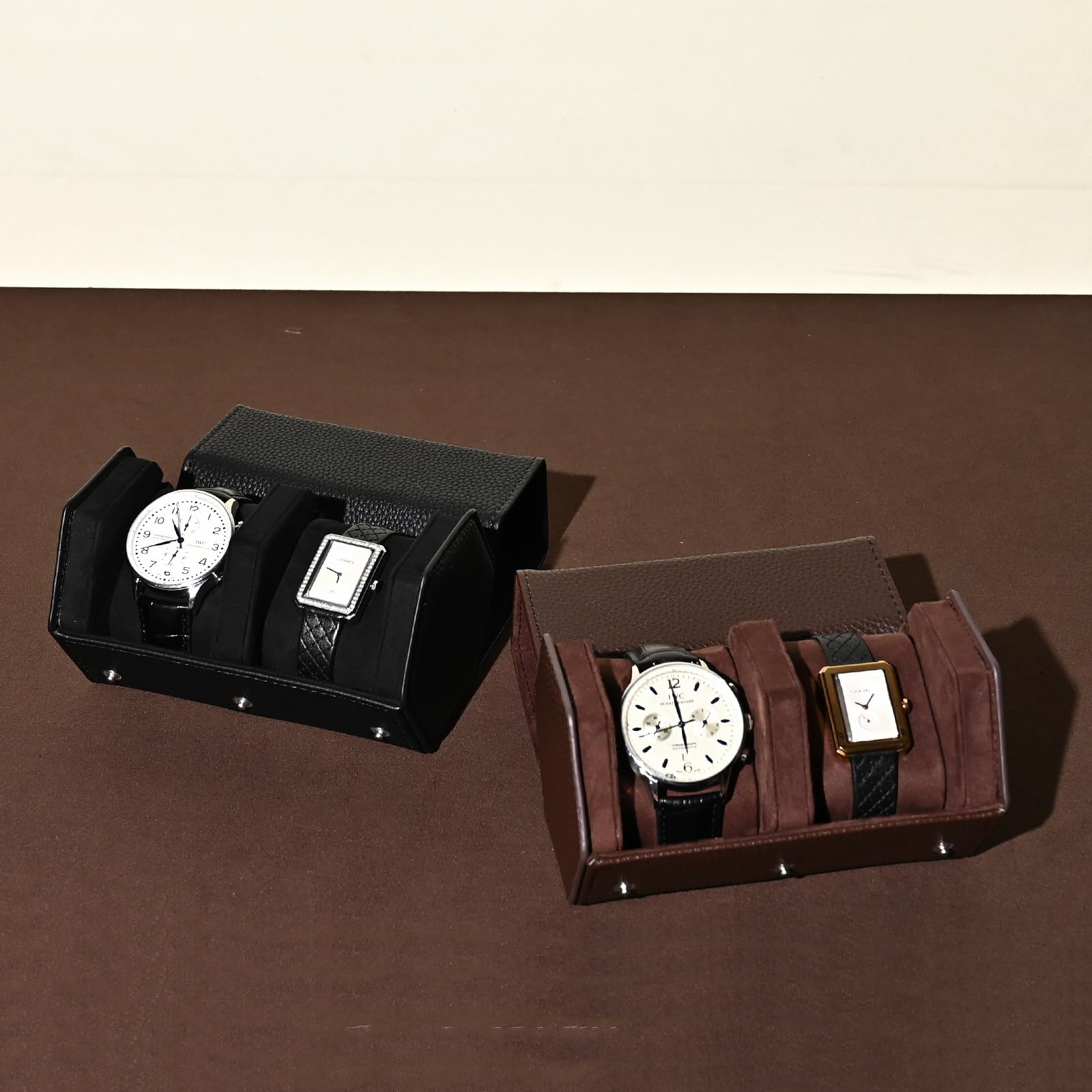 Boîte à Montres de Luxe en Cuir PU, étui de Rangement Hexagonal à 2 emplacements pour Montres, étui de Voyage Enroulable, Coffret Cadeau pour Noël, Anniversaire (Marron)