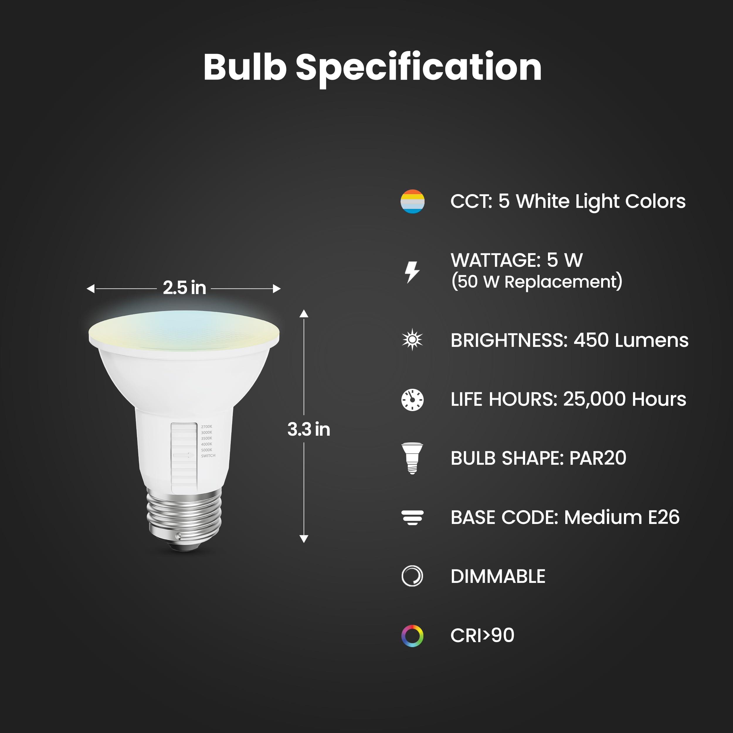 Feit Electric 2 bombillas LED PAR20, equivalente a 50 W, regulable, color a elegir, 6 vías, casquillo central E26, 90 CRI, 450 lúmenes, foco de humedad nominal, 22 años, PAR20DM/6WYCA/2