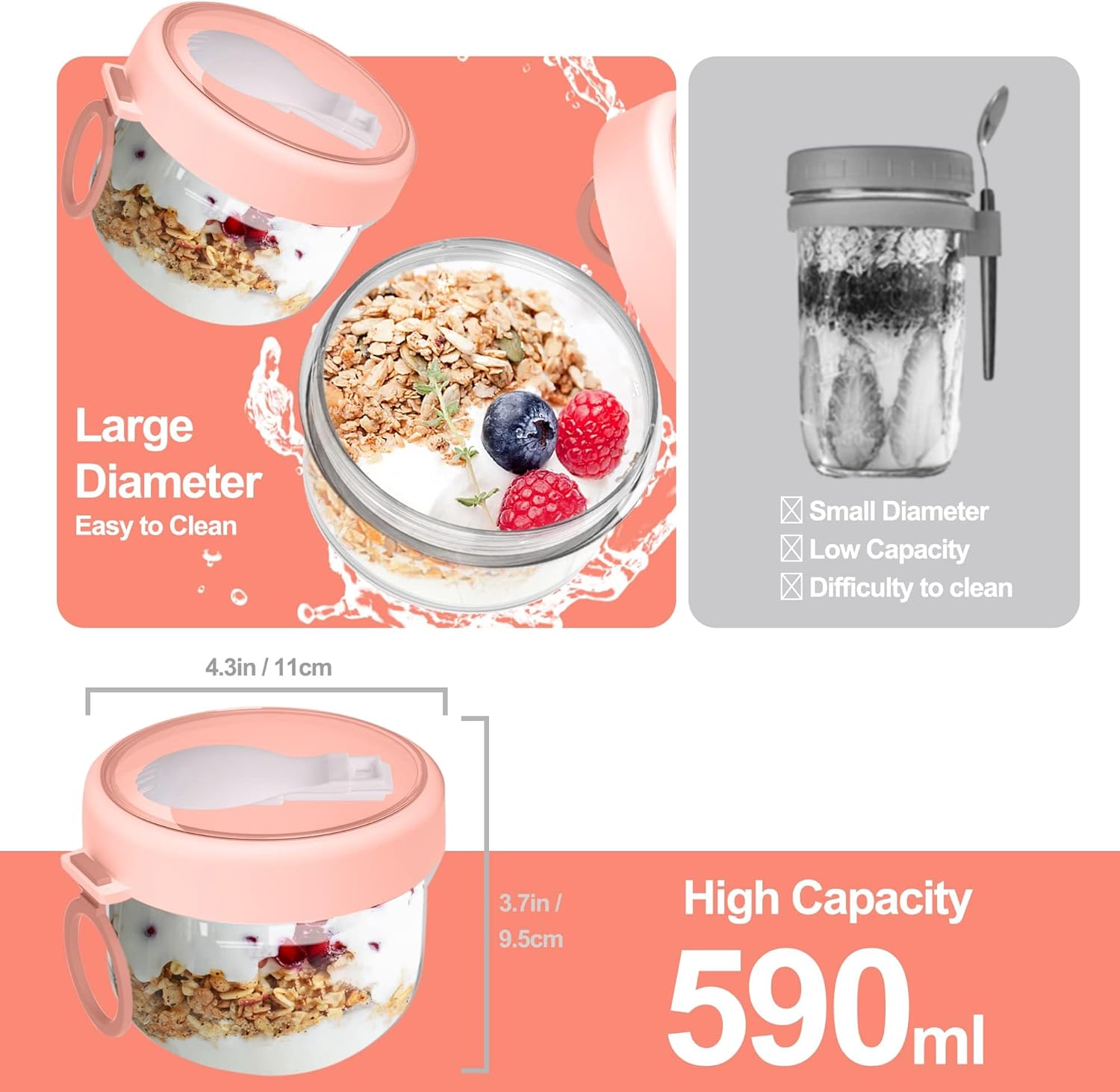 3 Pcs Overnight Oat Containers with Lids and Spoons,20oz Overnight Oats Jars,Leakproof Dessert Cups for Yogurt Breakfast On The Go Cups,Oatmeal Container Snack Containers (3pink)
