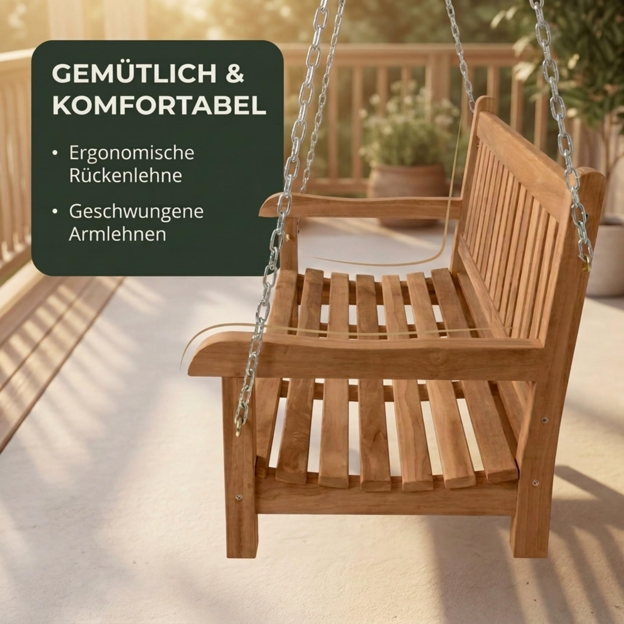 SAM Premium Hollywoodschaukel 2-Sitzer Susana, Schaukelbank 120 cm Teakholz massiv lackiert, hängende Holzschaukel Gartenschaukel wetterfest für Garten Terrasse Balkon Outdoor, Unikat