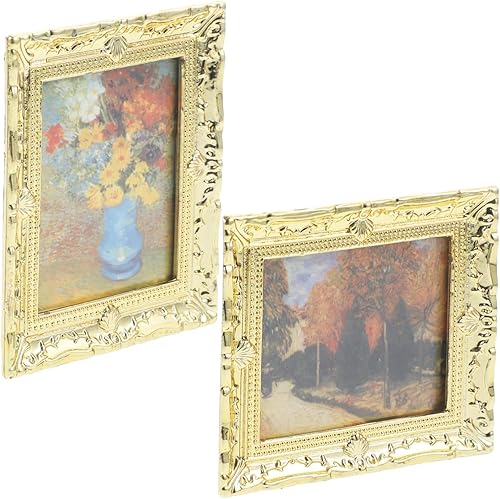 Kisangel 2 mini marcos de fotos para casa de muñecas, marcos dorados antiguos, pintura al óleo 112, accesorios de pintura para Navidad en miniatura
