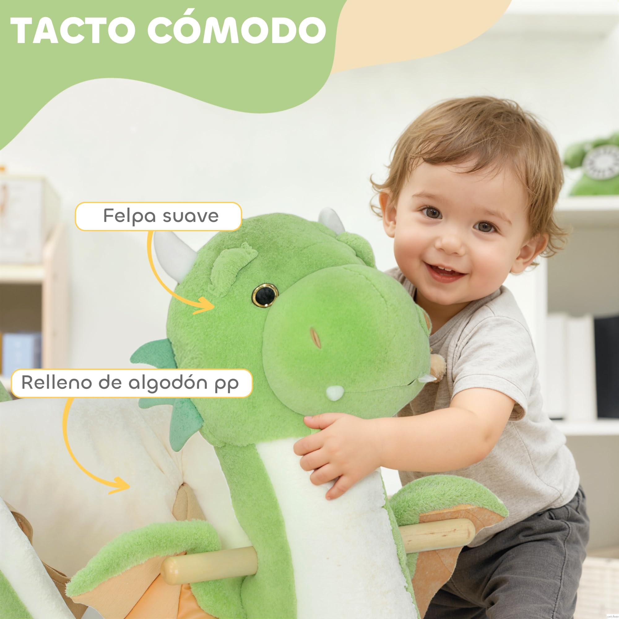 AIYAPLAY Caballito Balancín para Bebés con Sonido de Dragón, Caballo Balancín de Peluche con Base de Madera, Cinturón de Seguridad, para Niños de 18-36 Meses, Verde