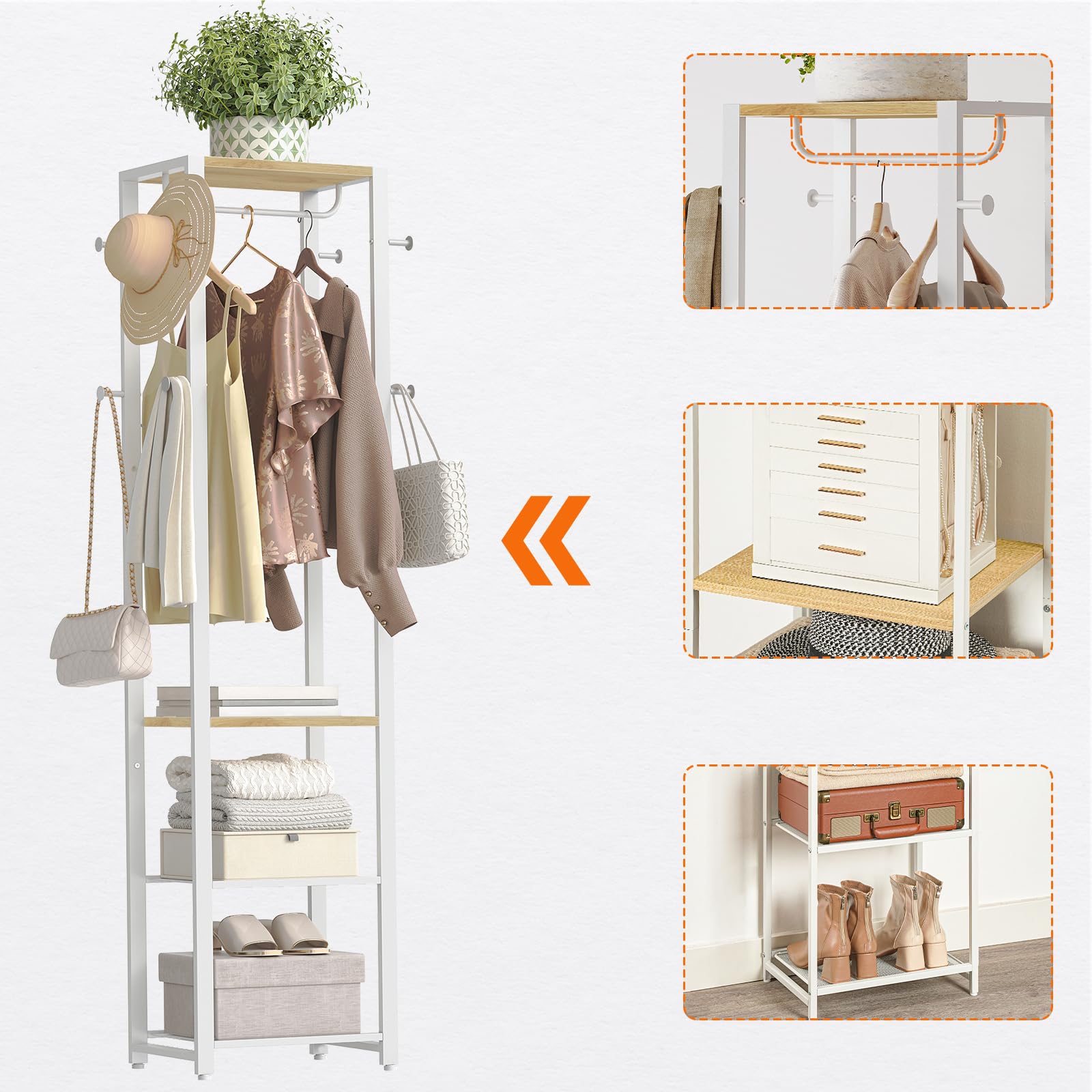 HOOBRO Garderobenständer, Garderobe mit Schuhregalen, Aufbewahrungsregal, Garderobe mit 3 Regalen, Vielseitiger Kleiderständer mit Schuh-Organizer, Weiß und Holzfarbe EWN04YM01