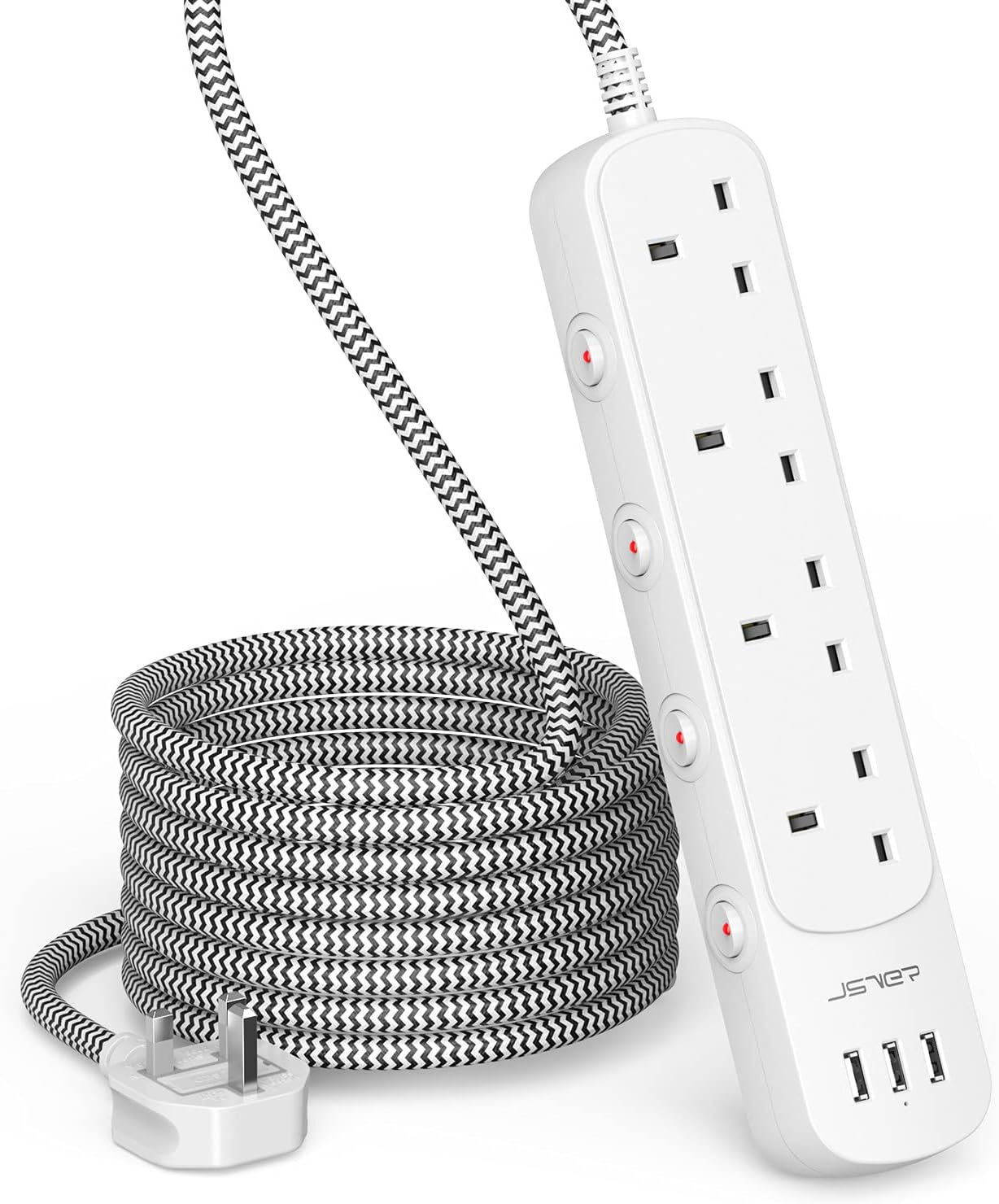 JSVERExtension Lead USB,Power Socket with 4 Outlet 4 Individual Switches Power Strip with 3 USB Charging Station with 2m Power Lead,White