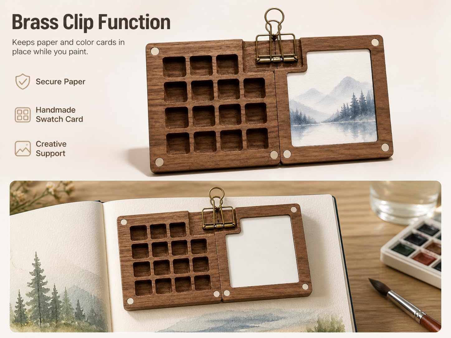 Mini Wooden Watercolor Palette Kit for Urban Sketching, 15-Well Empty Travel Palette Box with Magnetic Closure, Clips, 300gsm Watercolor Paper, Spray Bottle and Velvet Bag