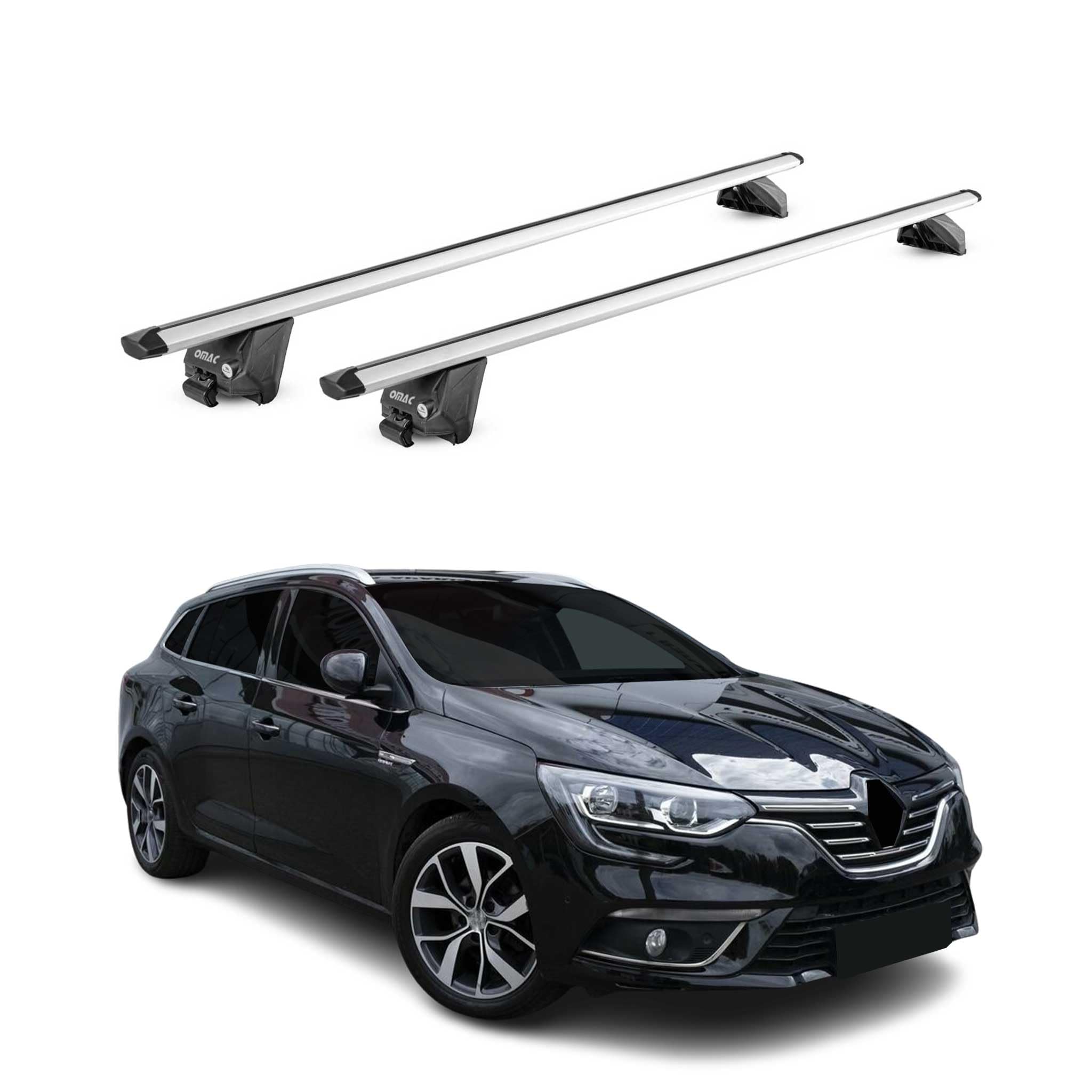 OMAC Dachträger Aluminium TÜV geprüft für Renault Megane IV Grandtour 2016-2022 – Für integrierte Dachreling – T Nut – Max 100 kg – 2 Schlösser Silber
