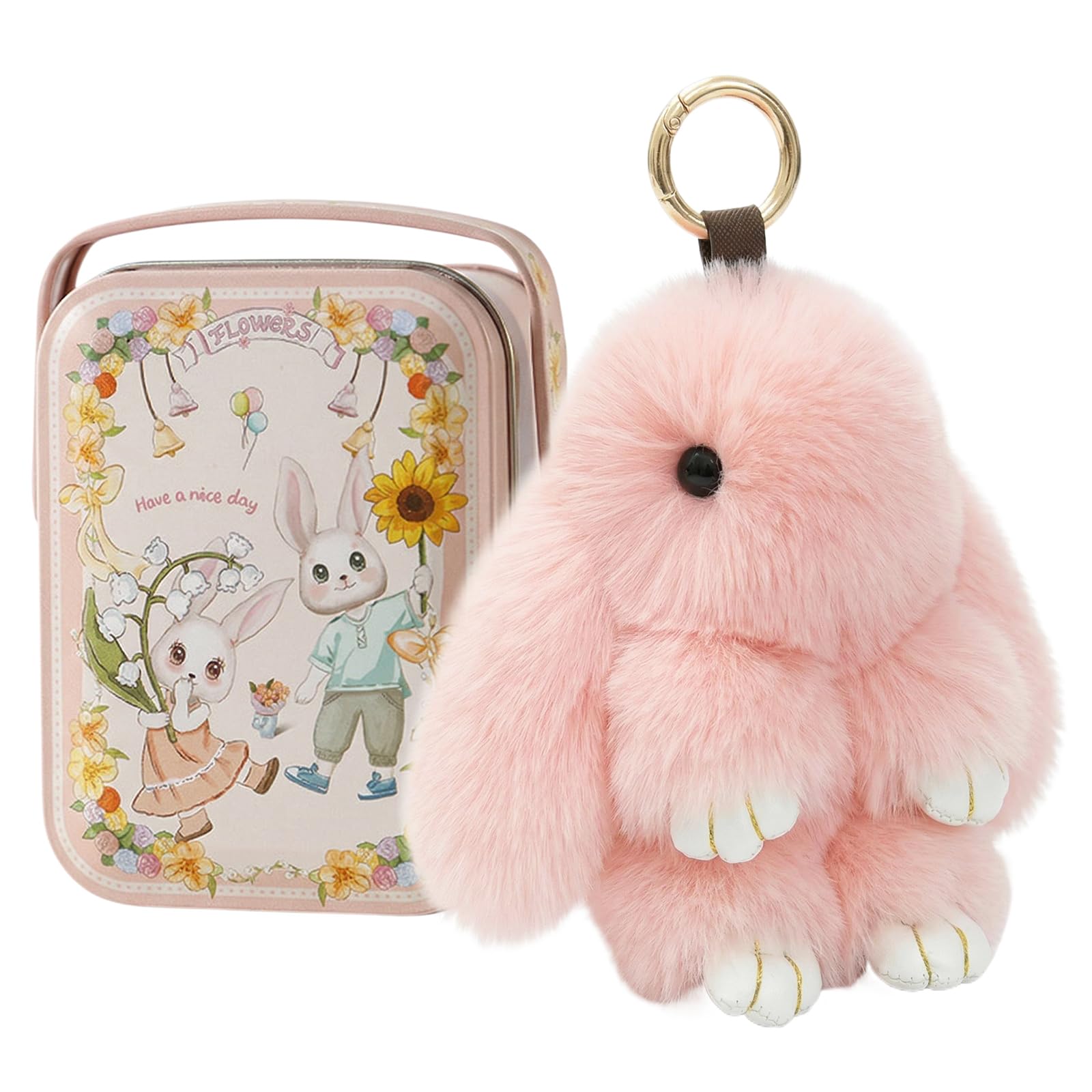 Snugeasy Bunny Keychain with Tin Box lulu, Plush Bunny Keychain with Exquisite Box, for Easter Birthday Gift, Rabbit Charm
