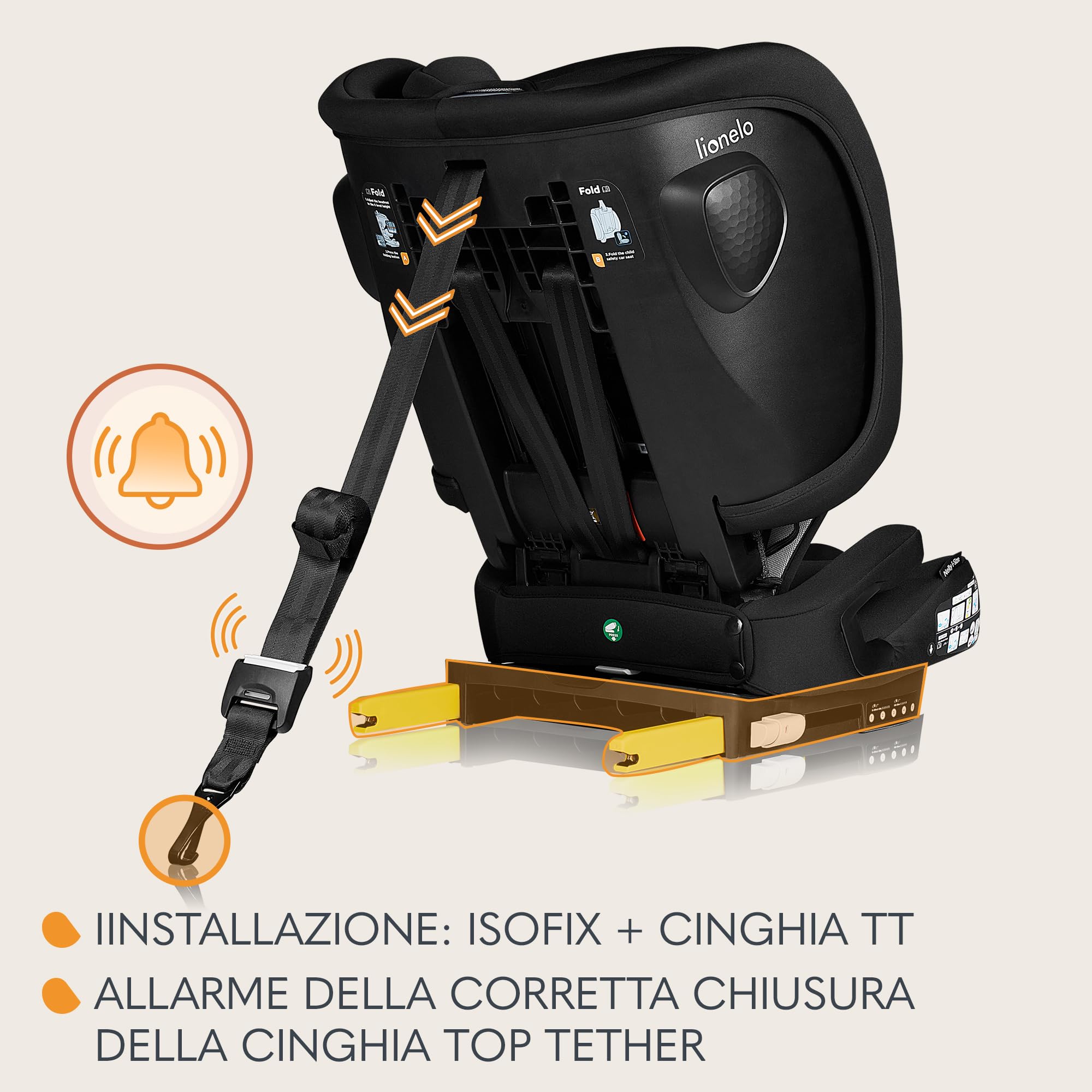 LIONELO Seggiolino Auto NELLY I-SIZE Pieghevole per Bambini 76-150 cm | (15 mesi - 12 anni) Gruppo 1 2 3 Installazione in avanti con ISOFIX o/e Cinghia TT,Protezione Laterale, Regolazione