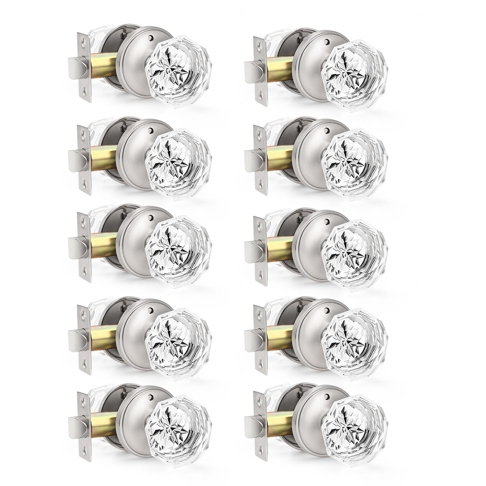 Orger Crystal Door Knobs 10 Pack, Interior Privacy Door Handles for Bedroom and Bathroom, Round Diamond Shape Clear Glass with Satin Nickel Finish