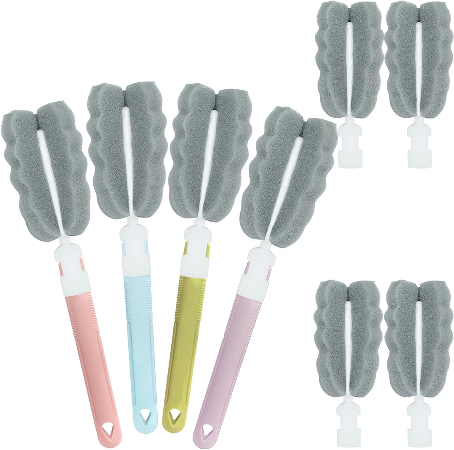 Sponge Bottle Brush Cup Cleaning Brush Long Handle Baby Bottle Cleaning Brushes Detachable Bottle Scrubber for Water Bottles, Glasswares, Mugs (Brush 4PCS+Head 4PCS)