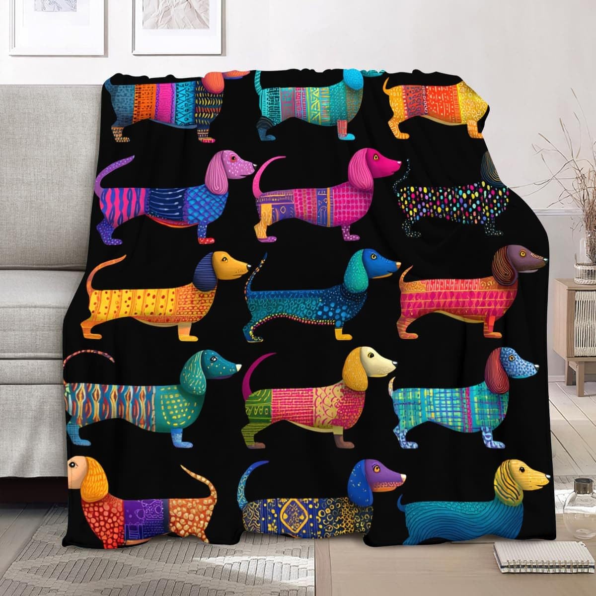 Générique Koc polarowy XXL 180 x 220 cm jamnik zwierzęcy flanelowy pluszowy miękki i ciepły czarny koc na sofę w podróży gruby i termiczny