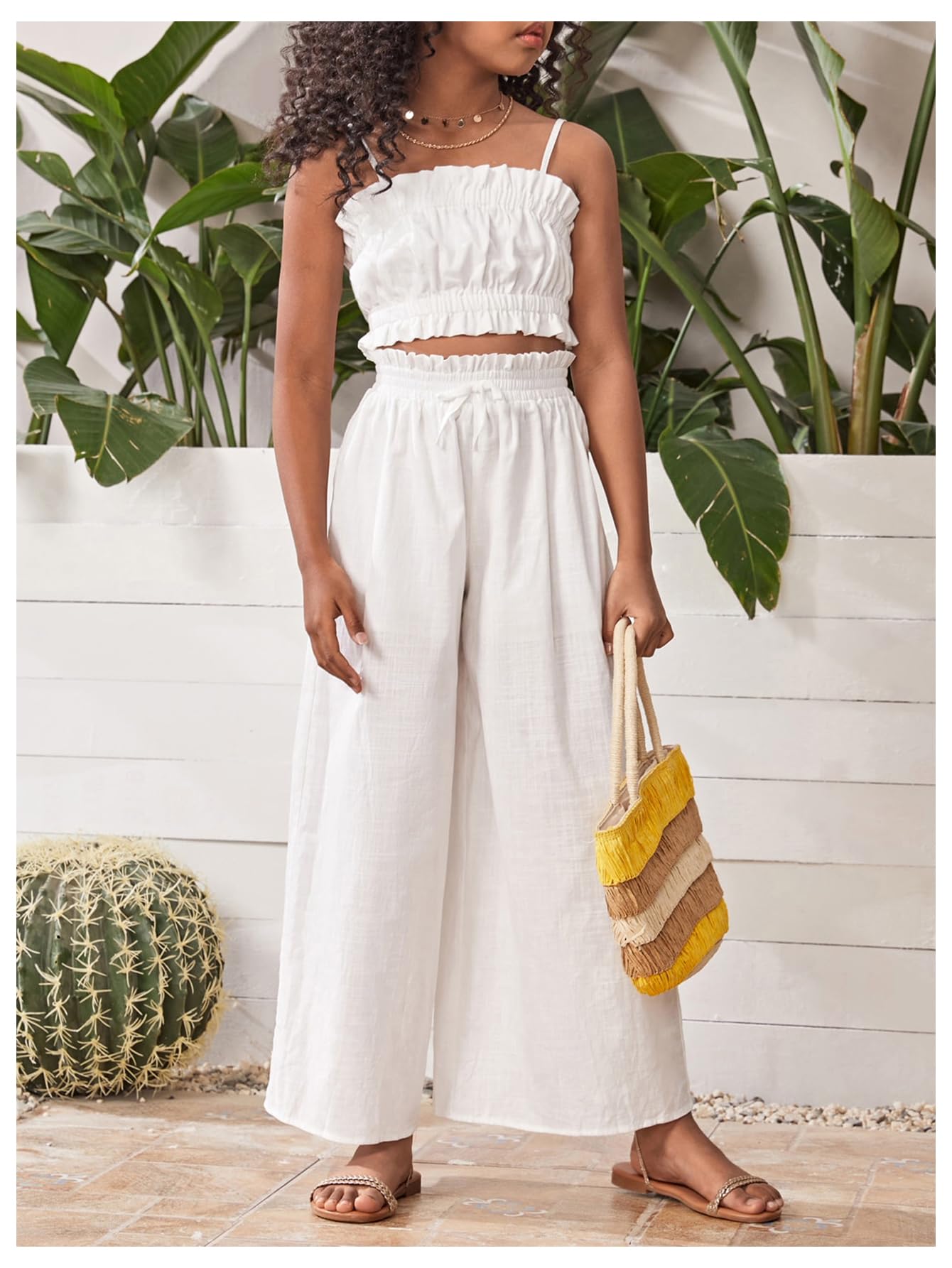 Floerns Conjunto de 2 piezas para niña con volantes y pantalones de pierna ancha con cintura paperbag