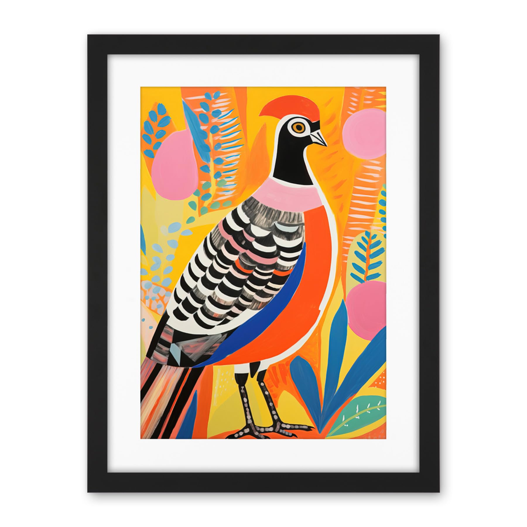 Artery8 Pleasant Pheasant Bright Bold Vibrant Colourful Grassland Acrylic Painting Artwork Orange Pink Blue Folk Art Artwork Framed Wall Art Print 18X24 Inch