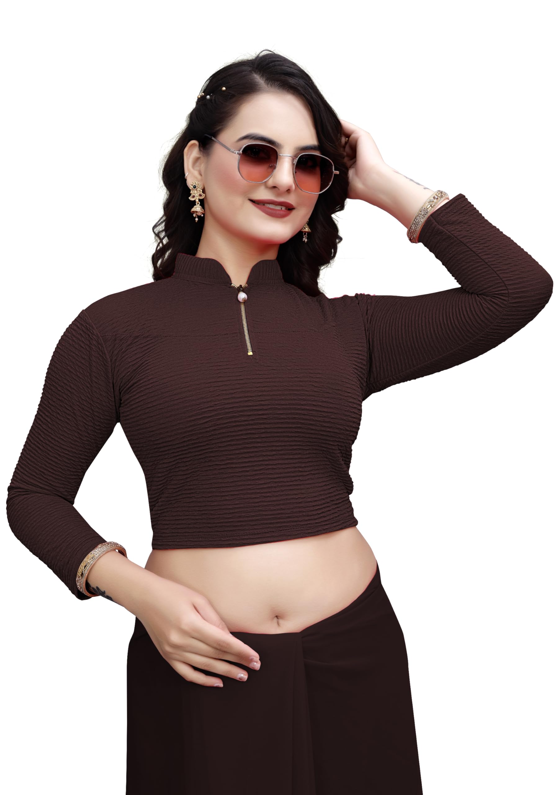 deltin hub Blouse for Women Readymade Saree Blouse | Crush Cotton Blend Stretchable Full Sleeve High Neck Front Zip Chain Choli | Designer Crop Top Blause Stylish Latest Ethnic Wear-picture-44