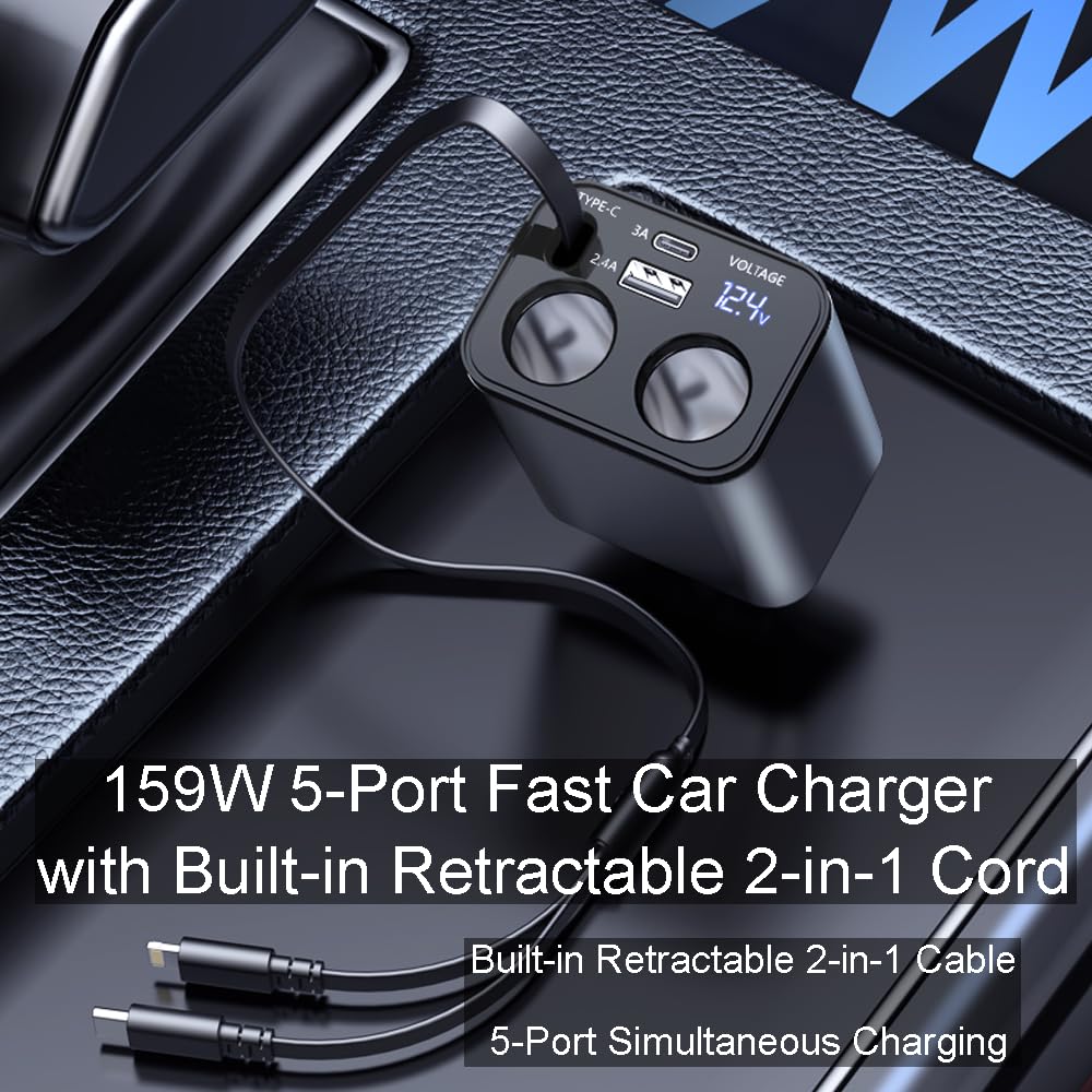 Caricabatteria da auto retrattile 2 in 1 da 90 W con cavi Lightning e tipo C, porta USB, display di tensione, ricarica rapida per tutti i dispositivi mobili