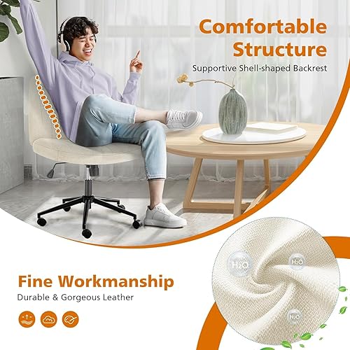 Miniatura 5 de DOSSMBOLA Silla de escritorio cruzada con ruedas, sillas de oficina sin brazos con ruedas, silla de patas cruzadas con asiento ancho, altura