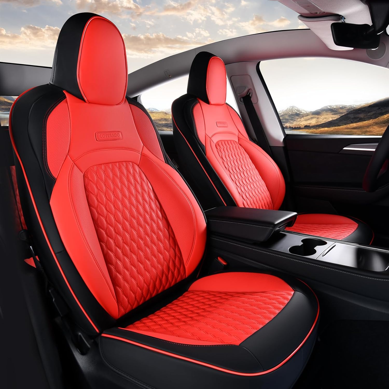 Coverado Front Seat Covers for Tesla Model Y, Car Seat Covers Front Seats, Front 2PCS Leatherette Car Seat Cover Seat Protector Custom for Tesla Model Y 2020 2021 2022 2023 2024 2025 BlackRed