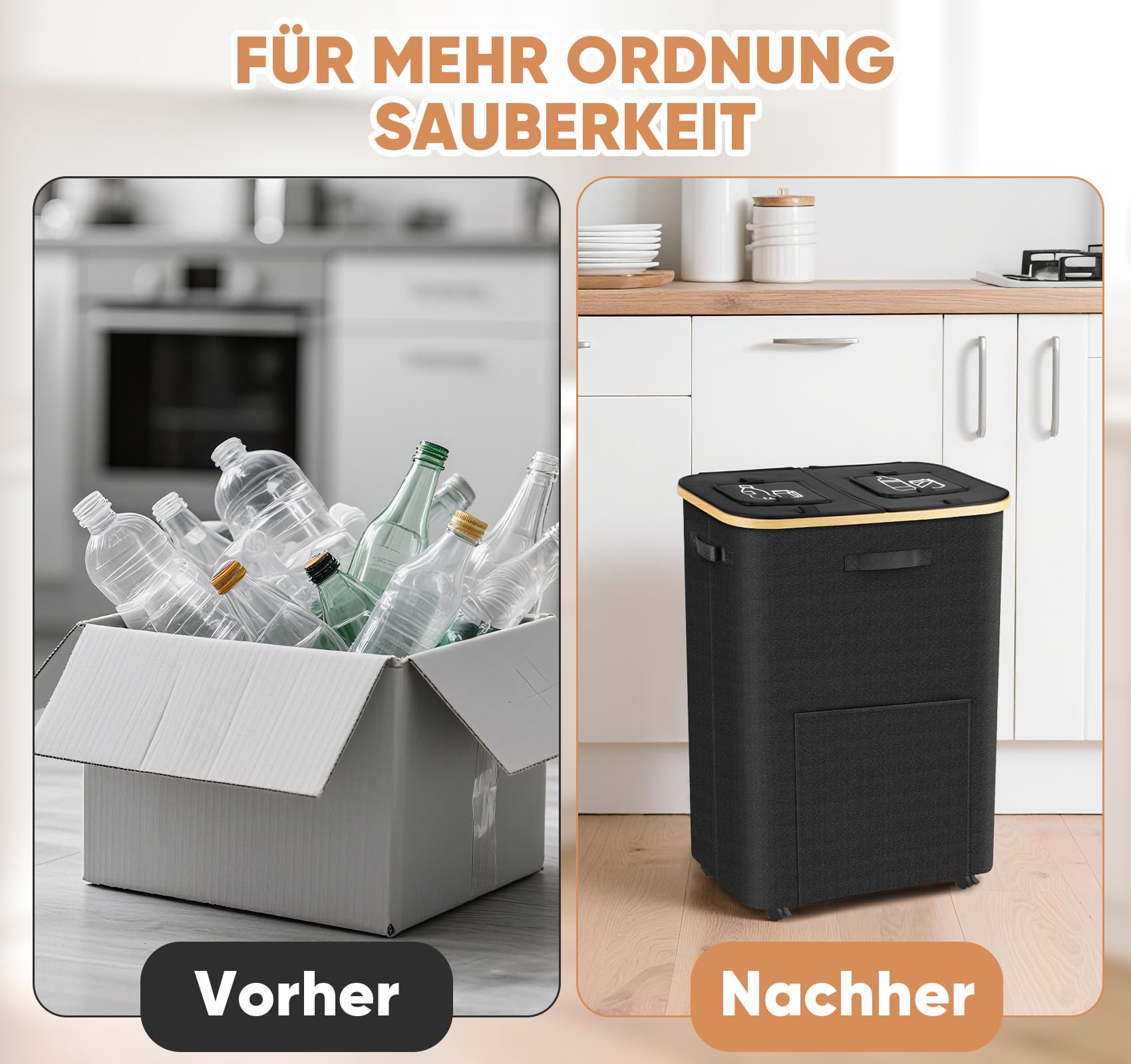 2 Set 160L Leergut Sammelbehälter mit 2 Fächer, Pfandflaschen Sammelbehälter mit Rollen, Pfandbehälter mit Deckel, Flaschensammler Leergut, Klappbar Pfandsammler Organizer Platzsparend