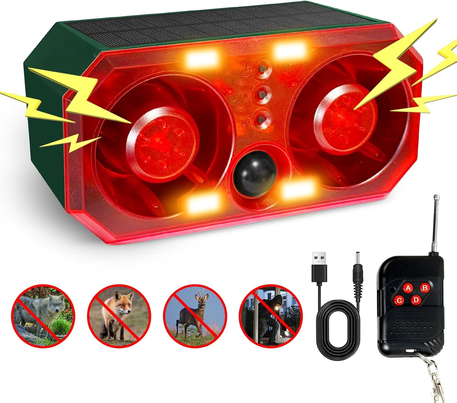 Solar Outdoor Motion Sensor Alarm,13 Sounds Including Dog Barking&Gunshot,Support Recording and Adjustable Volume,130db Loud Noise Maker,4 Work Modes Strobe Light,Say Goodbye to The Intruders(1 Pack)