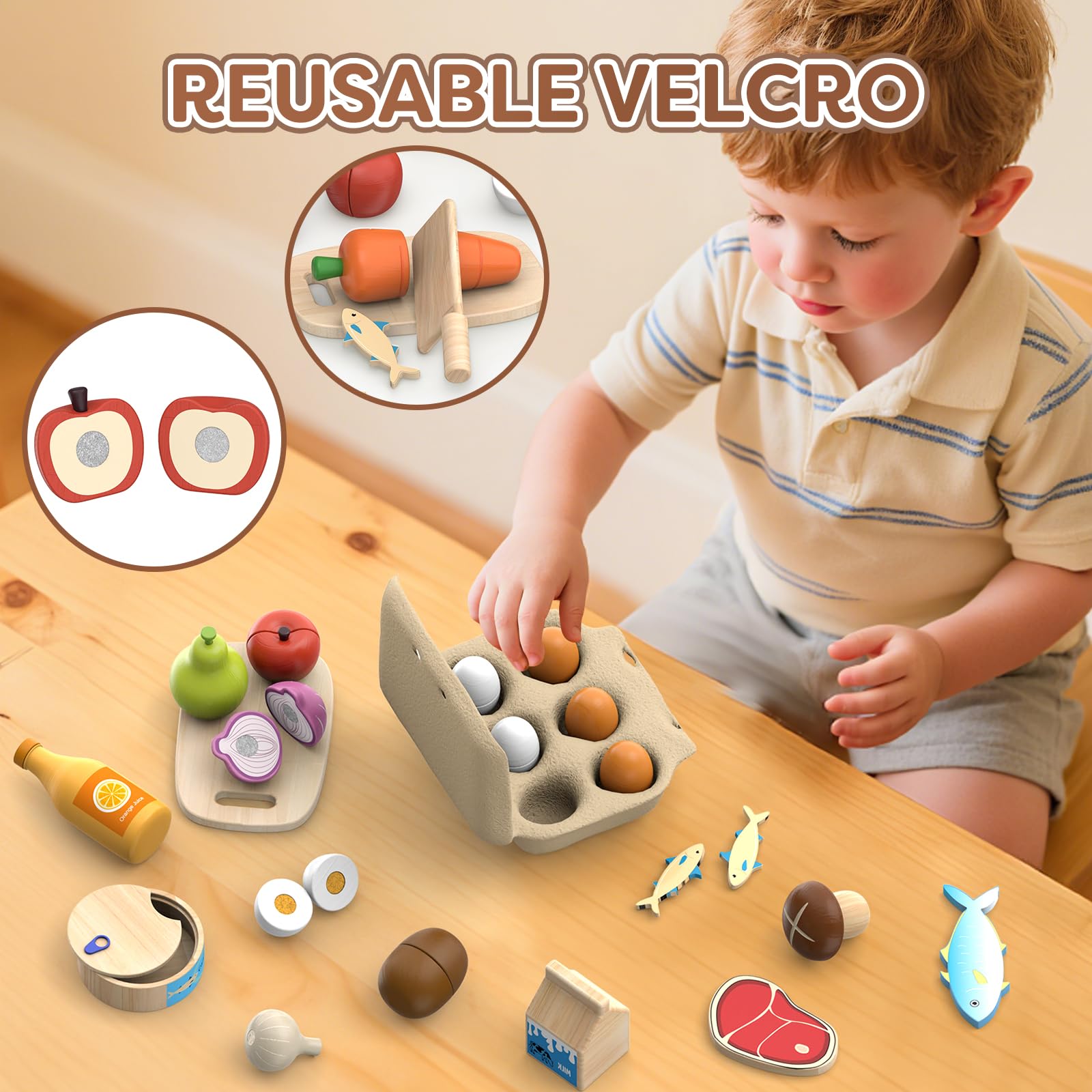 Kinderküche Zubehör Holz, Spielküche Zubehör Obst Gemüse Schneide Spielzeug | Lebensmittel Holzspielzeug mit Tasche, Rollenspiel Lernspielzeug Jungen Mädchen ab 3 Jahre