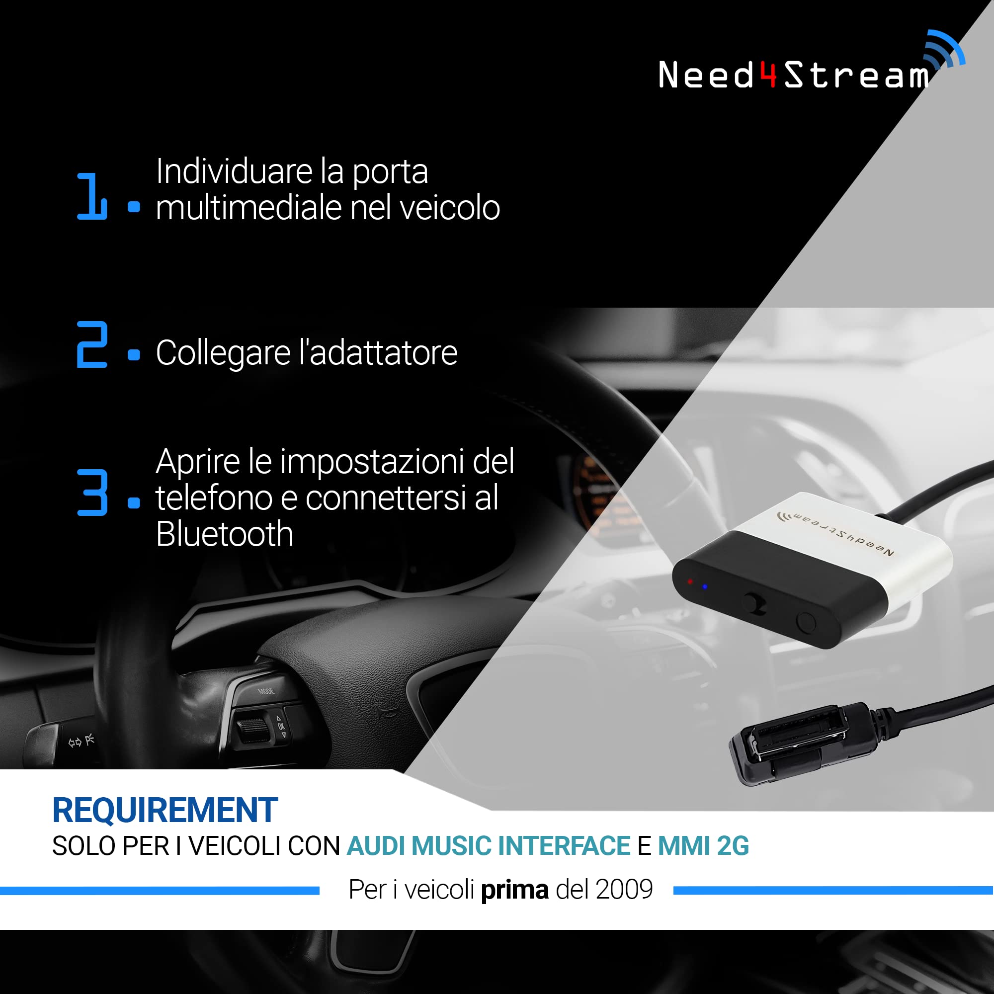 N4S300A_2G AD2P - Interfaccia audio Bluetooth con lista dei titoli, compatibile con Audi MMI 2G, Audi Music Interface AMI adattatore, compatibile con iPhone e smartphone Android