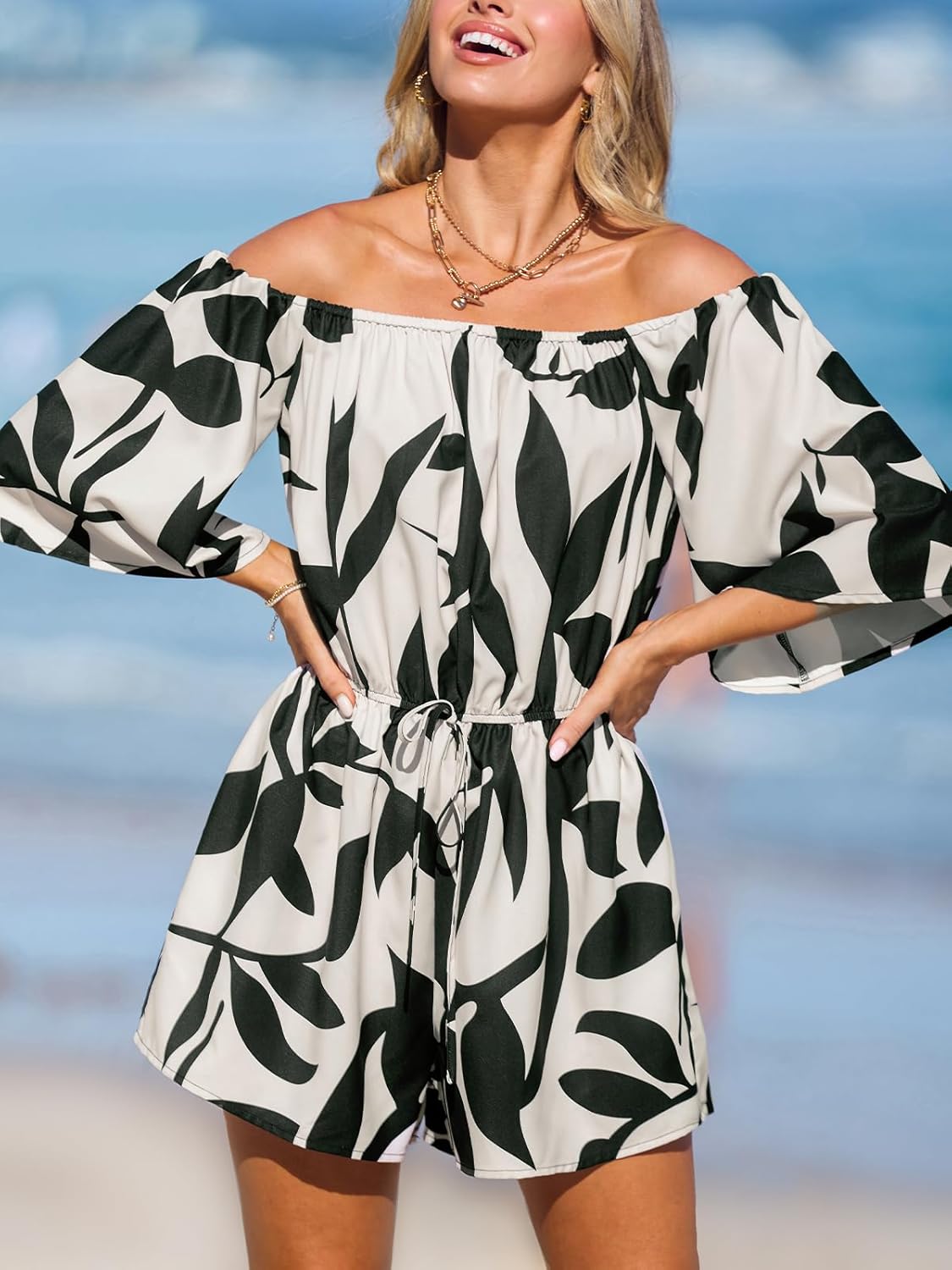 CUPSHE Women's Summer Casual 3/4 Sleeve Romper Wide Leg Floral Tropical Off Shoulder Elastic Waist Jumpsuit with Pockets - Image 7